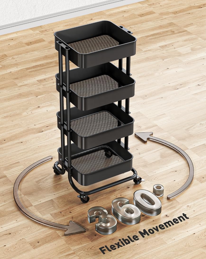 Pipishell 4 Tier Metal Rolling Utility Cart, Heavy-Duty Storage Rolling Cart with 2 Lockable Wheels, Multifunctional Mesh Organization Utility Cart for Kitchen Dining Room Living Room, PIUC13B