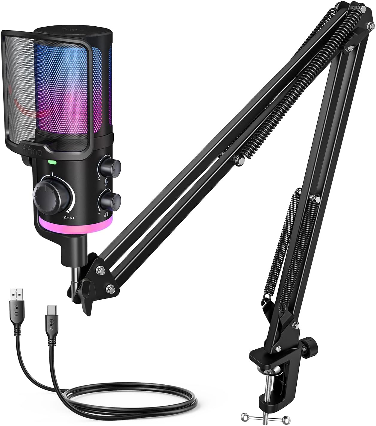 FIFINE AM6T USB Streaming Microphone for PC Gaming, Professional Condenser Mic with RGB, Noise Cancellation&Game/Chat Mixer-Plug & Play for Discord Chat/Streamer/Podcaster, with Boom Arm&Pop Filter