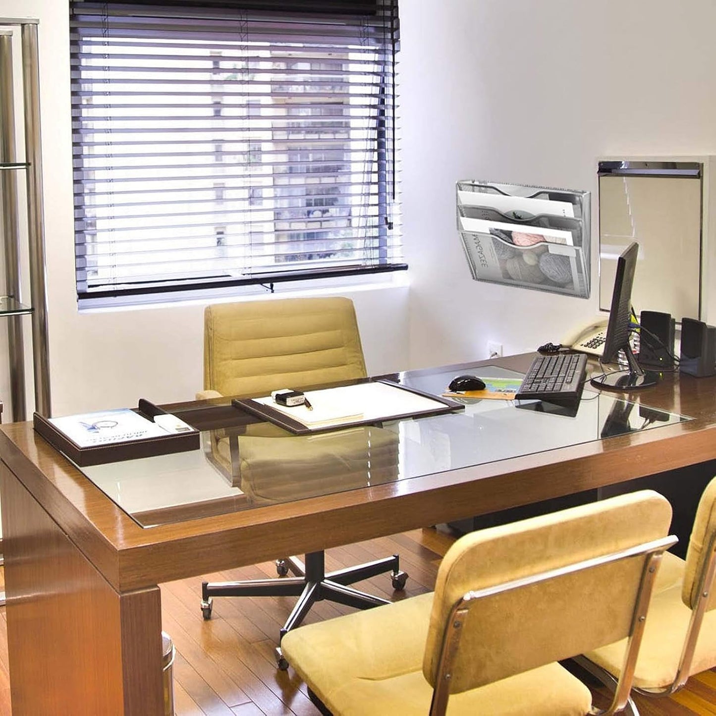 EASEPRES 3 Pocket Mesh Hanging Wall File Organizer, Wall Mounted Mail Paper Document Folder Holder, Clipboard Storage Organization Magazine Rack with Nametag Label for Office Home School, Silver