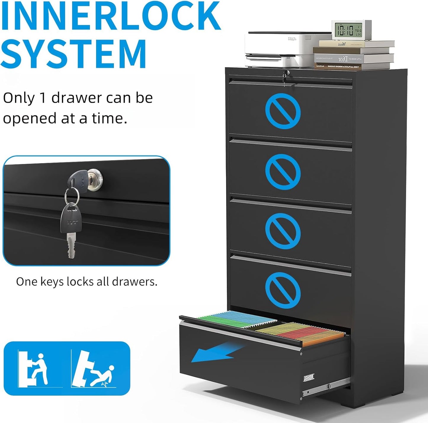 5 Drawer Lateral File Cabinet with Lock, Black Metal Lateral Filing Cabinet for Home Office, Steel Wide Filing Cabinets for Letter/Legal/A4/F4 Hanging File Folders (Black)