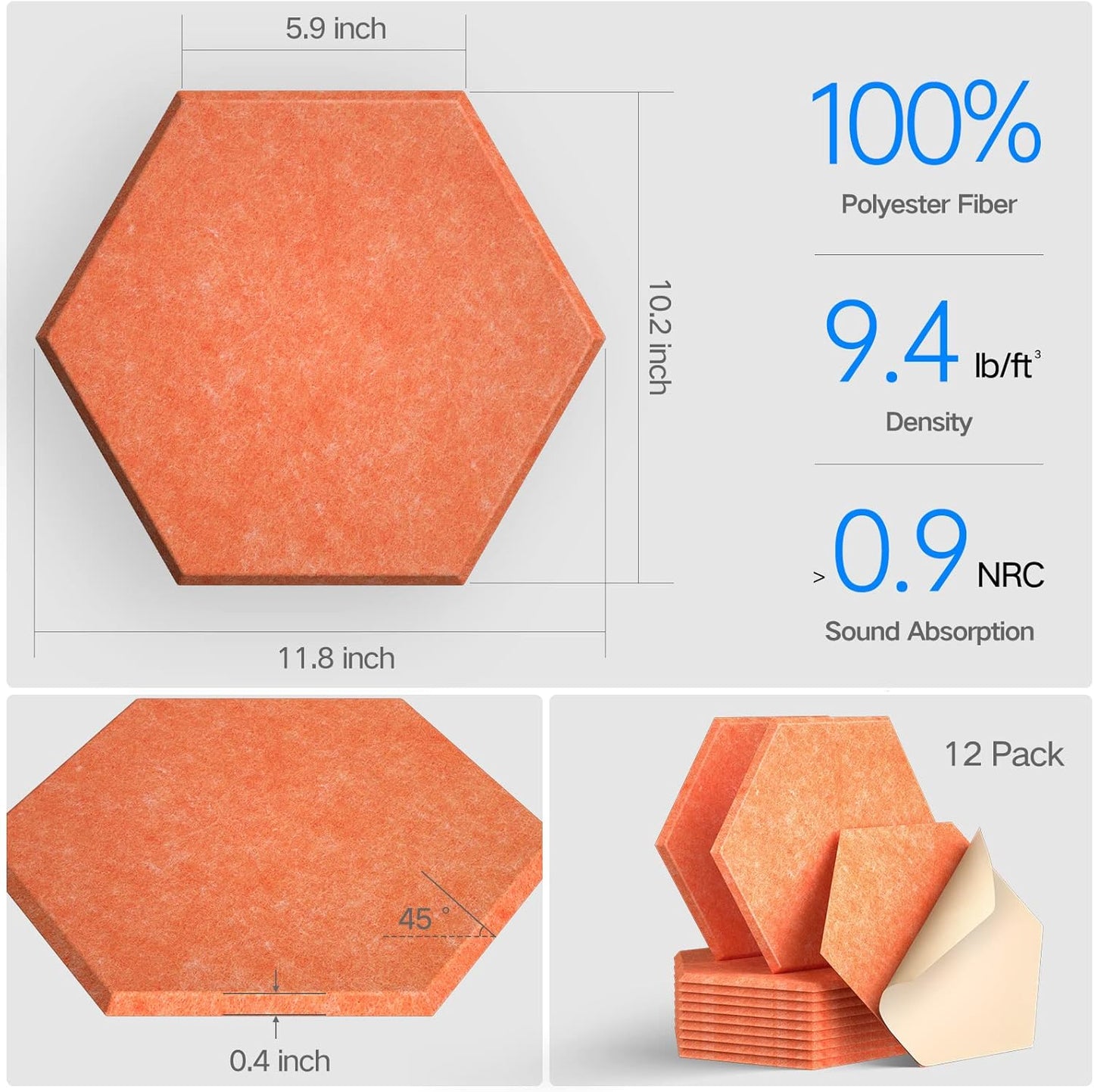 12 Pack Self-adhesive Acoustic Panels 12" X 10" X 0.4" - Sound Proof Foam Panels with High Density, Stylish Hexagonal Design, Flame Resistant, Absorb Noise and Eliminate Echoes(Tangerine)
