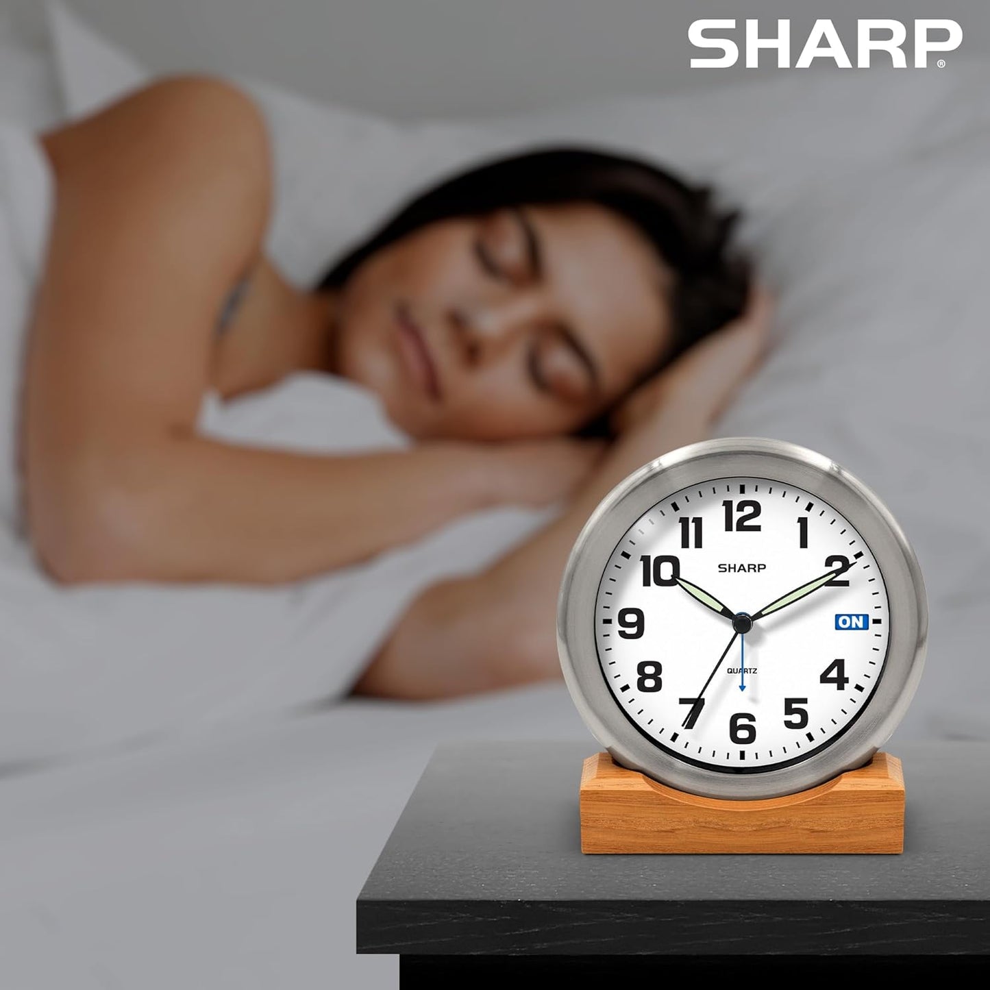 Sharp Silent Sweep Quartz Analog Alarm Clock with Alarm Status Indicator on Dial, Brushed Metal Clock with Genuine Wood Stand