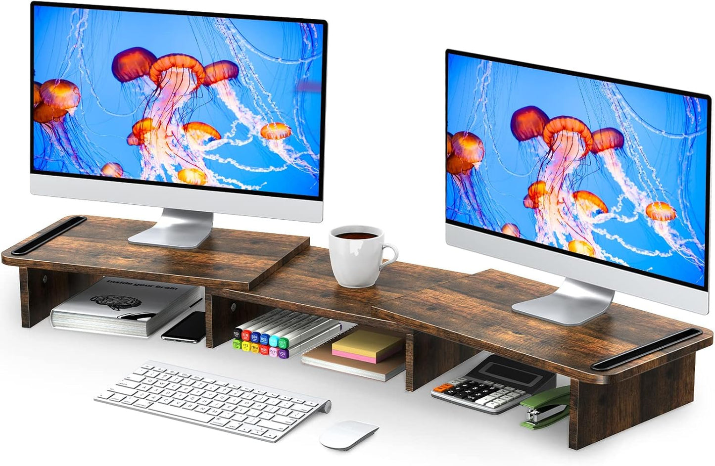 Zimilar Dual Monitor Stand Riser, Monitor Stand with Adjustable Length and Angle, Wood Monitor stand for desk, Monitor Riser for 2 monitors with Storage Space(Rust Brown Large)