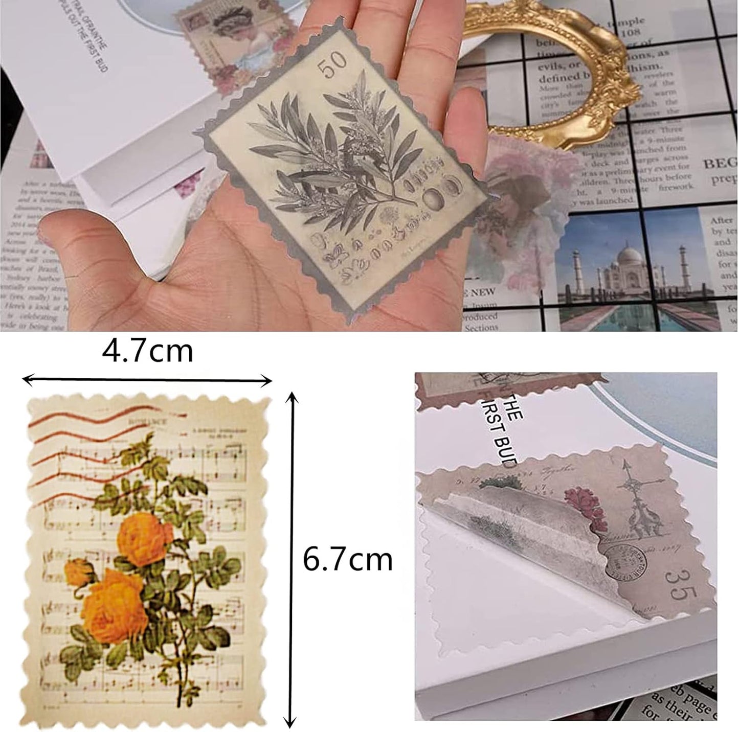 60pcs Vintage Postage Stamp Stickers, Aesthetic Botanical Deco Paper Sticker for Scrapbooking, Journaling Supplies, Planners, Kid DIY Art Crafts, Bullet Journal Ephemera