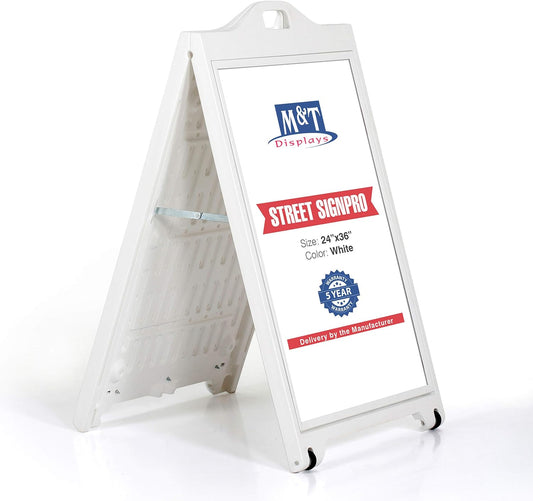 M&T Displays Street SignPro with Lens Protective Cover, 24x36 Inch Poster White Double Sided Sandwich Board Folding A-Frame Sidewalk Curb Sign Portable Advertising Display for Restaurant Cafe