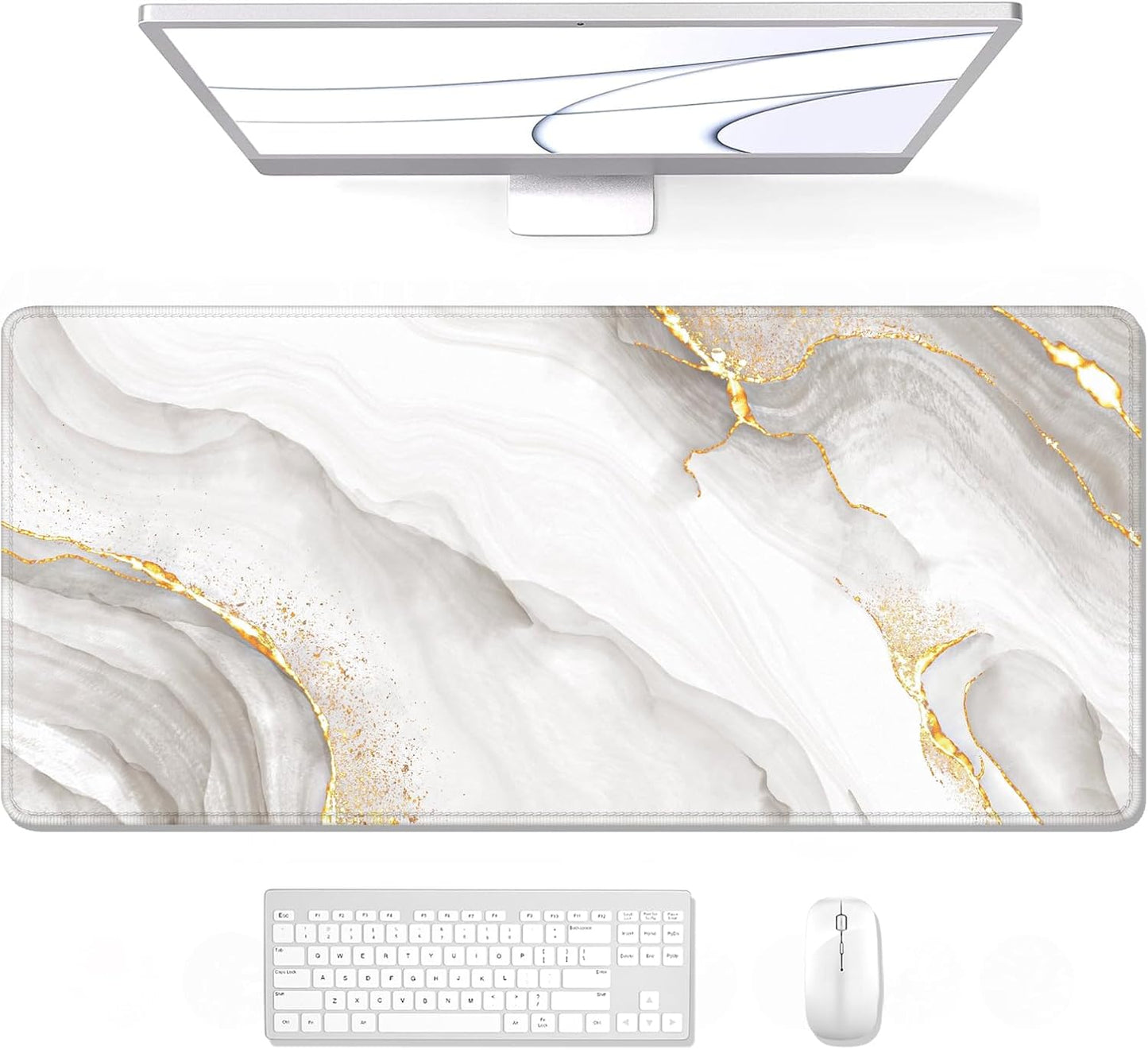 Auhoahsil Large Mouse Pad, XXL Gaming Mousepad, Desk Mat for Desktop, Thick Rubber, Big & Long Size, Stitched Edges, Full Desk Pad for Laptop & Computer, Extended 31.5 x 11.8 in, Gold Gray Marble