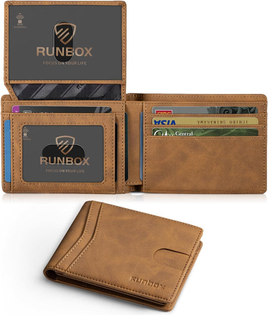 RUNBOX Wallet for Men Slim Rfid Leather 2 ID Window With Gift Box