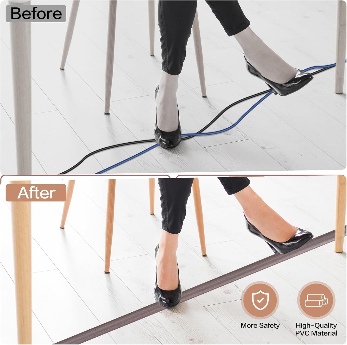 Floor Cord Cover Self Adhesive Cord Hider Floor Extension Cord Covers for Floor Power Cord Protector Cable Management Prevent Cable Trips Cable Cavity 0.59" W x 0.31" H (Brown Walnut Wood, 3.3Ft)