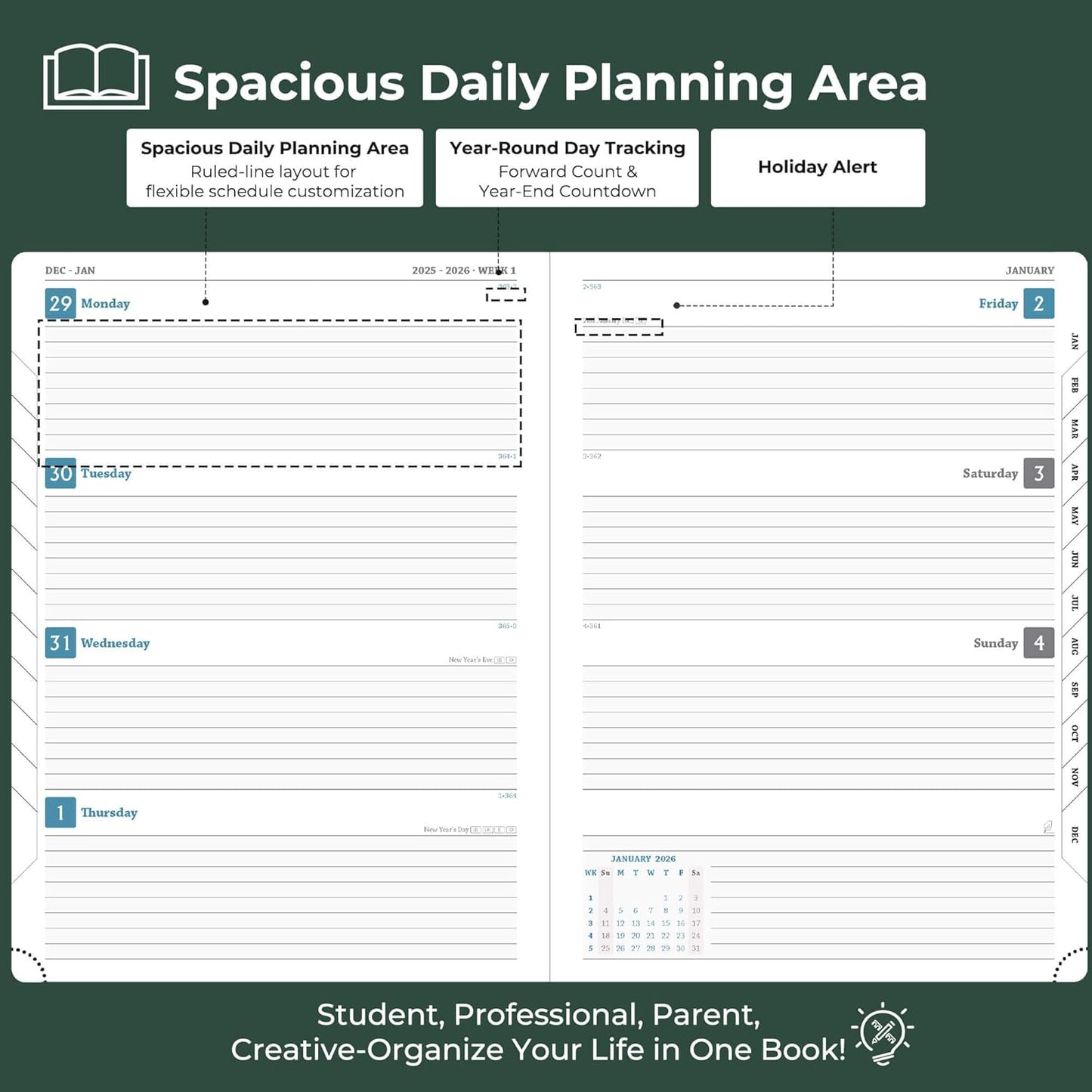 Planner 2026 Daily Weekly and Monthly,11.5"x8.5",12 Months Spiral Bound Calendar Agenda with Self-adhesive Pen Holder,2026 Appointment Book with Vegan Leather Soft Cover,Green
