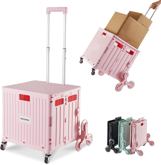 Foldable Utility Cart with Stair Climbing Wheels, Collapsible Rolling Crate with Telescoping Handle, Folding Shopping Trolley Handcart Grocery Book File Tool Teacher Storage Basket (Pink)