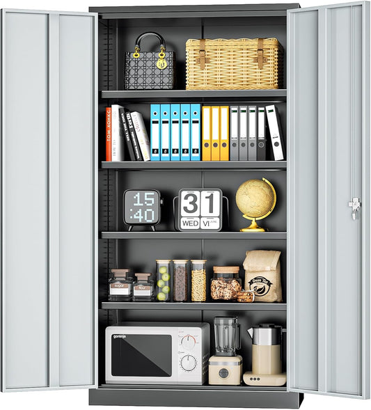 INTERGREAT Metal Storage Cabinet with Doors and Shelves,72" H Black Gray Steel Tool Locking Cabinet, Metal Storage Cabinet for Home Office, Warehouse, School