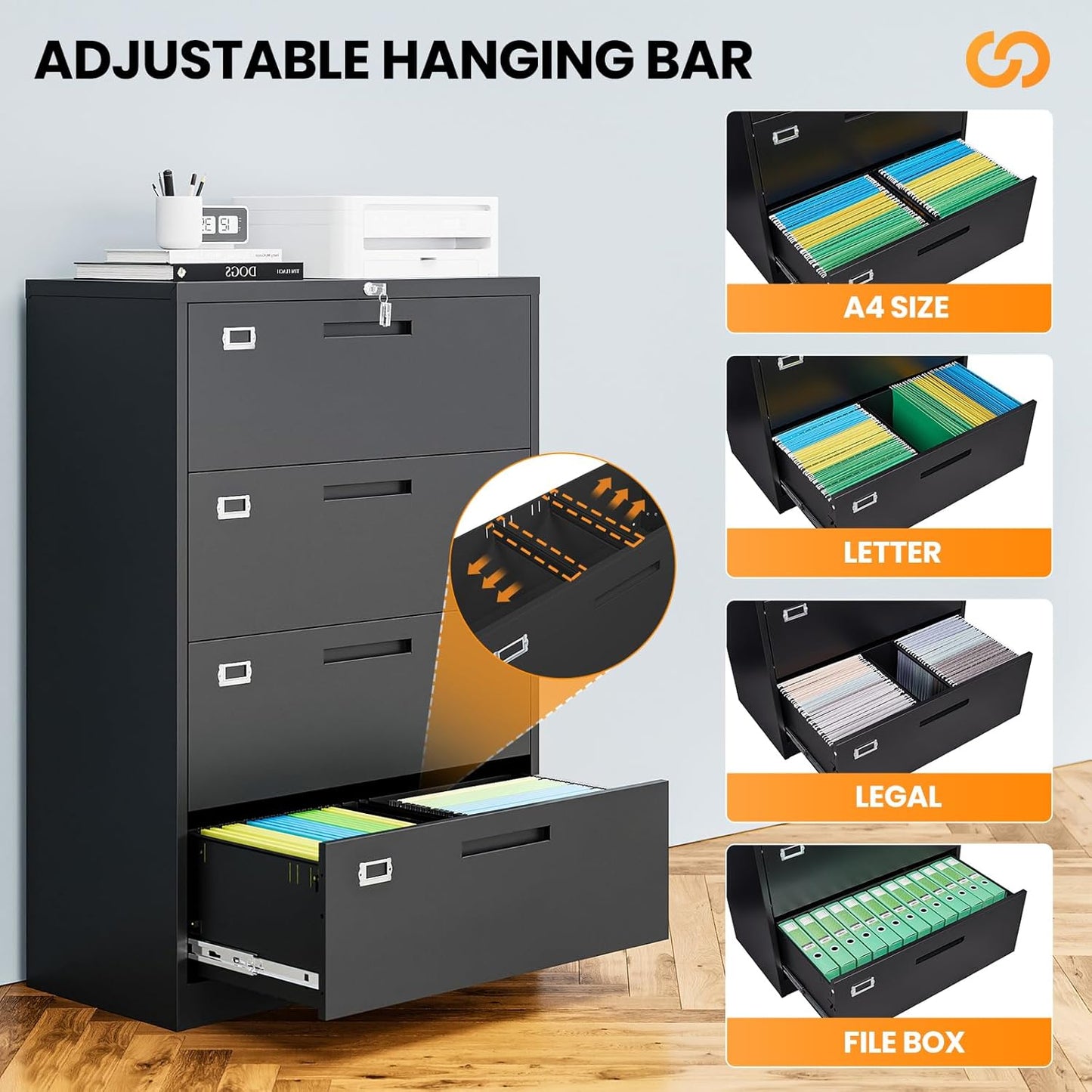 4 Drawer File Cabinets for Home Office, Metal Filing Cabinet with Lock, Black Locking File Caninet Four Drawer, Office Storage Caninets Steel Cabnet for Letter/Legal/A4/F4-Assembly Required