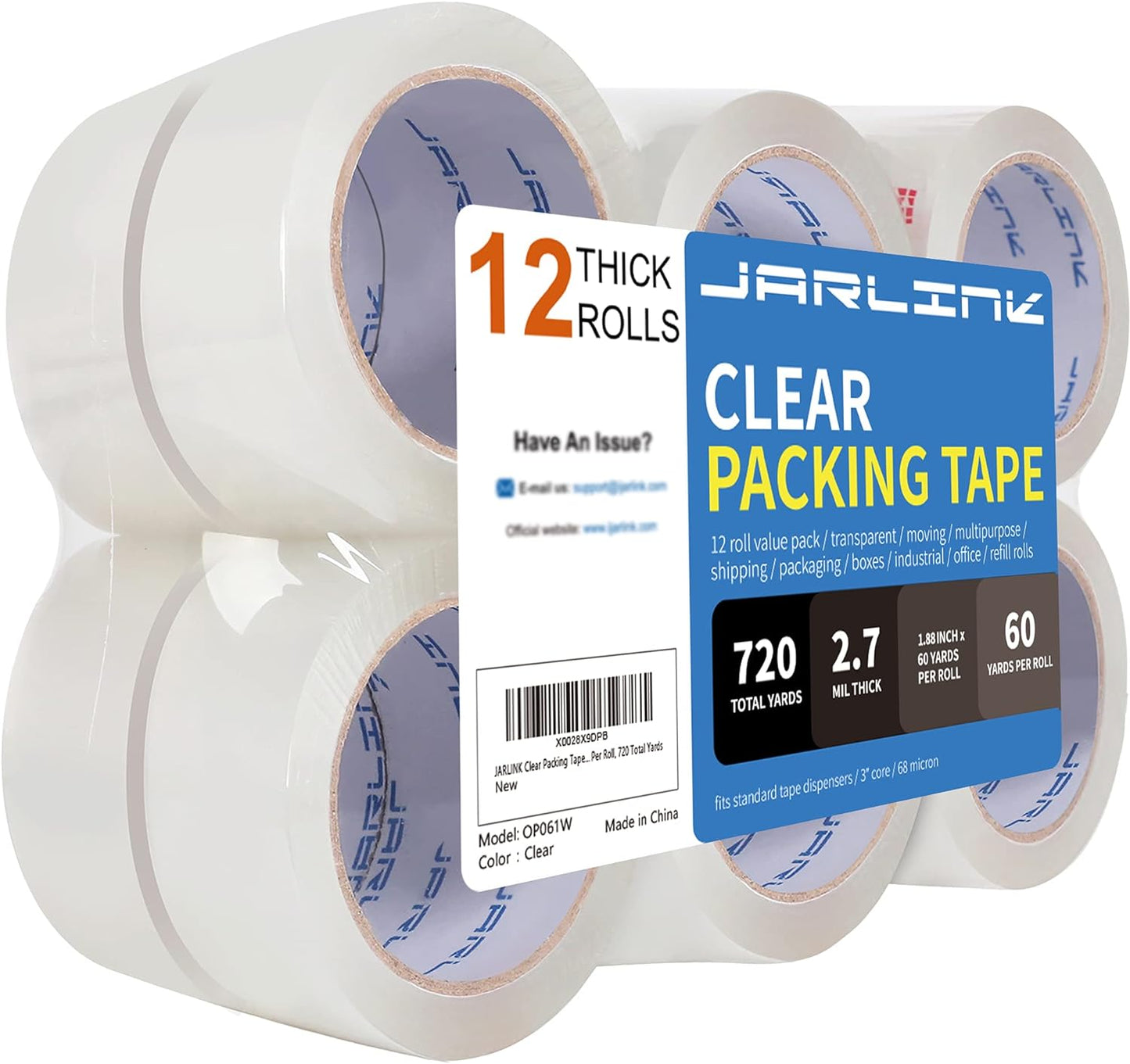 JARLINK Clear Packing Tape (12 Rolls), Heavy Duty Packaging Tape for Shipping Packaging Moving Sealing, 2.7mil Thick, 1.88 inches Wide, 60 Yards Per Roll, 720 Total Yards
