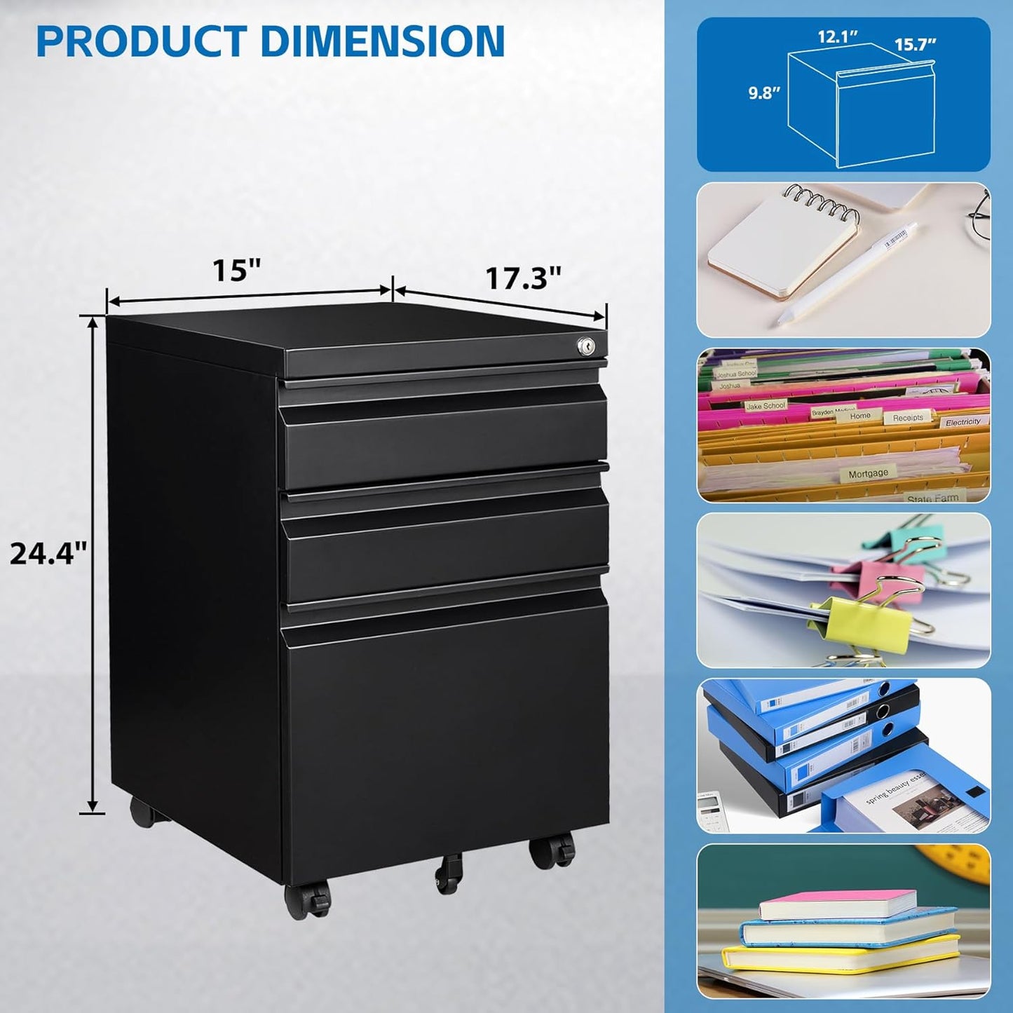 3 Drawers File Cabinet with Lock Metal Vertical File Cabient with Wheels Mobile File Cabinet for Office Home,Fully Assembled
