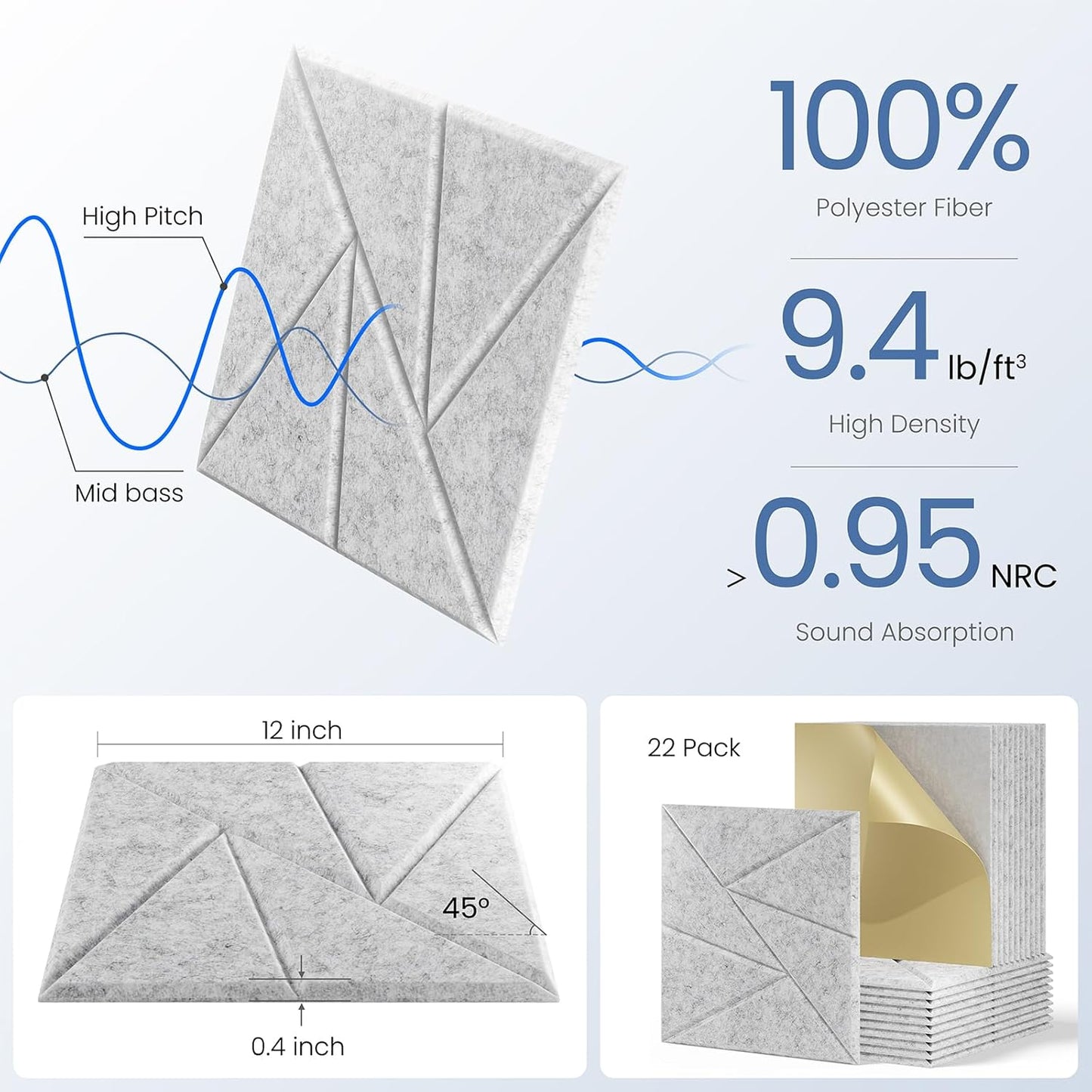 22 pack Acoustic Panels With Self-Adhesive, 12"X 12"X 0.4"Sound Proof Foam Panels, Sound Panels High Density, Soundproof Wall Panels for Home Studio Office Sliver Gray