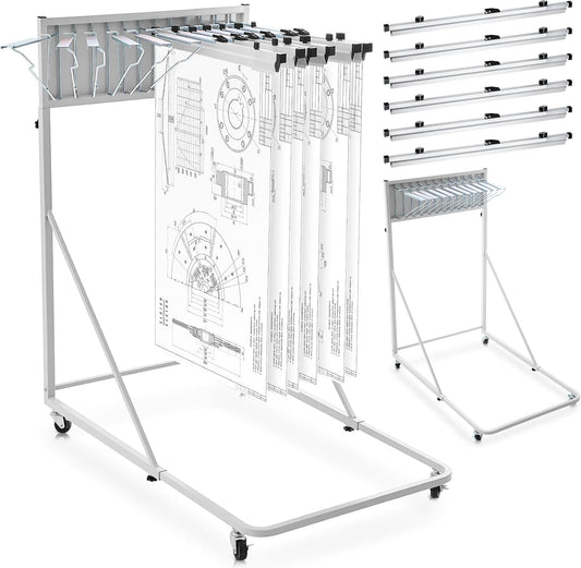 Estune Mobile Blueprint Holder Rack, Adjustable Mobile Blueprint Holder with 6 24 in Hanging Clamps 4 Wheels Poster Display Rack Storage Organizer Stand for File Display Plan Office Home(Silver)
