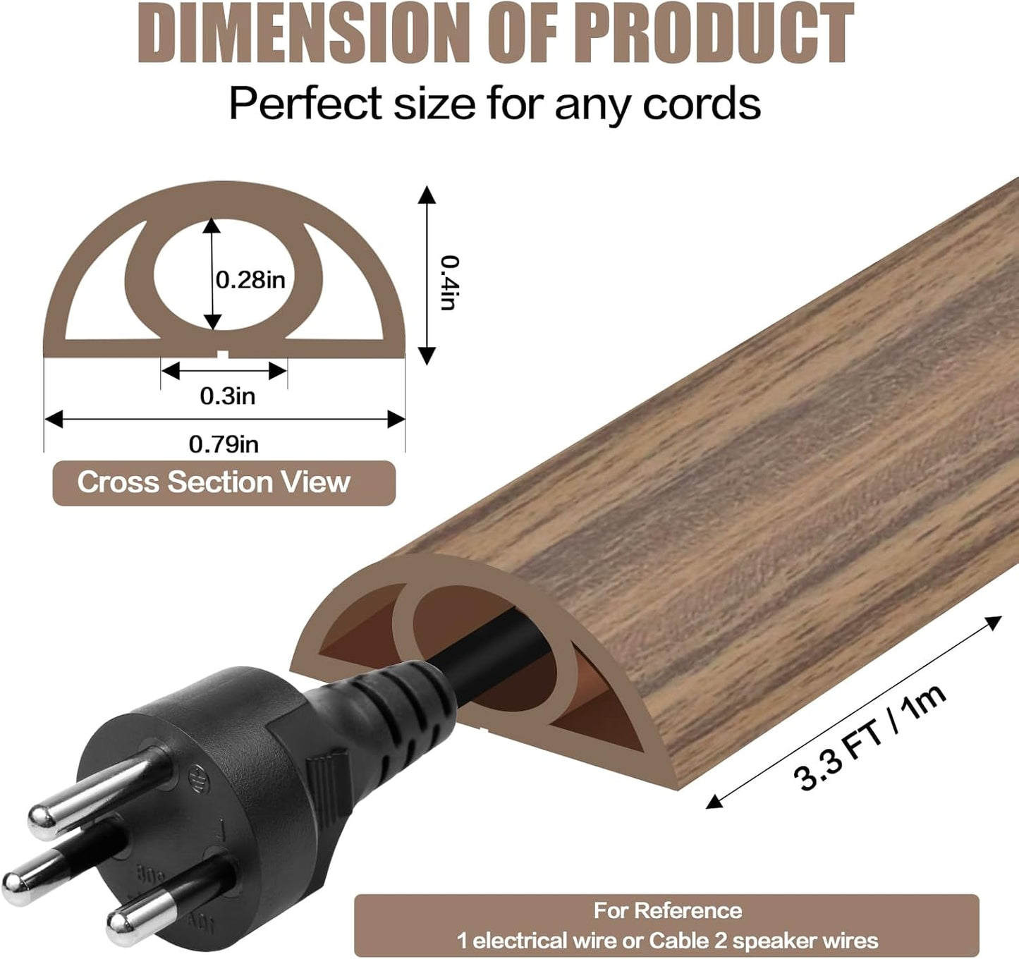 Floor Cord Cover Self Adhesive Cord Hider,3.3FT Cable Management, Extension Strip Protector for Wires, Prevent Cable Trips for Offices, Gyms, Exhibitions Cavity:0.3"(W) x0.28(H) Woodsmokedbrown