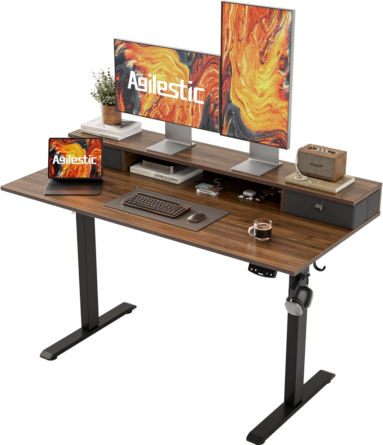 48 x 23 Inches Height Adjustable Electric Standing Desk with 2 Drawers, Stand Up Electric Desk Adjustable Height, Sit Stand Computer Gaming Table with Splice Board, Dark Walnut