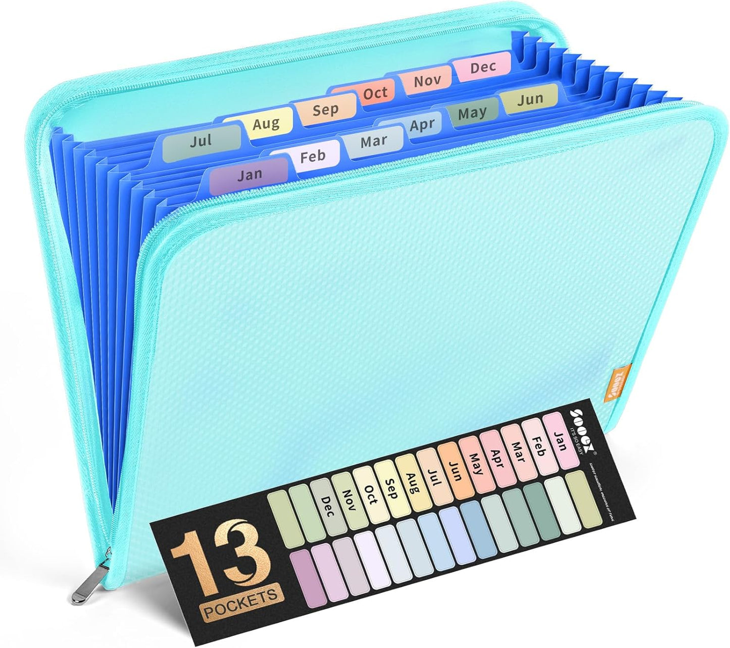 Sooez 13 Pocket Accordion File Organizer, Zipper Expanding File Folder Organizer, Reinforced Plastic Accordion Folder, A4 Letter Size, Portable Folders for Documents, SkyBlue