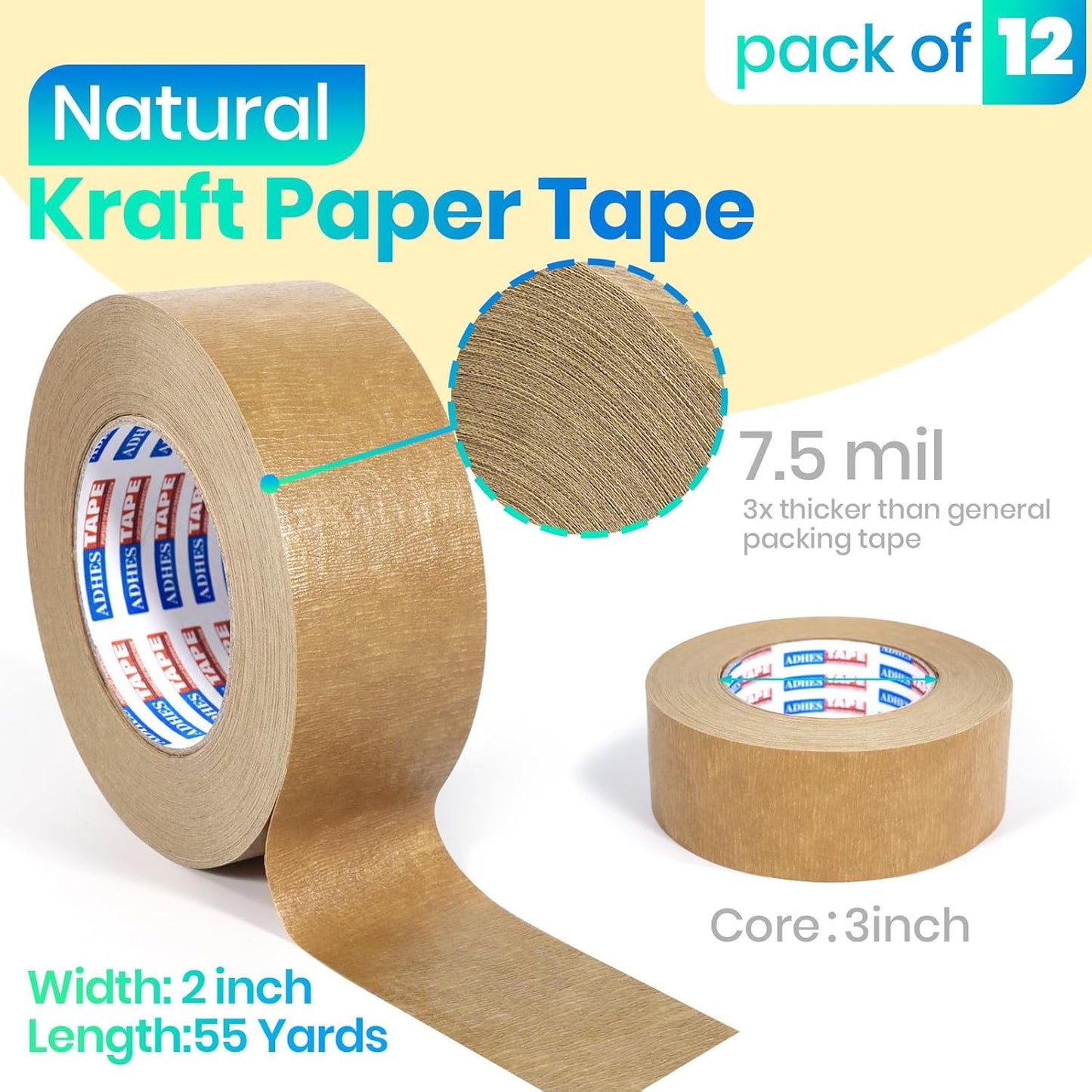 ADHES Heavy Duty Kraft Paper Tape, 7.5mil, 2 Inch x 55 Yards x 12 Rolls, Biodegradable Paper Packing Tape Writable & Uncoated Brown Packing Tape for Shipping, Moving, Sealing