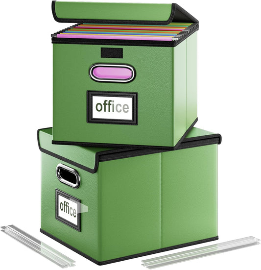 Huolewa Portable Leather File Organizer Storage Boxes, Collapsible File Folder Organizer Boxes with Lids, Document Organizer, Decorative Filing Box Cabinet for Letter/Legal File Folder Storage