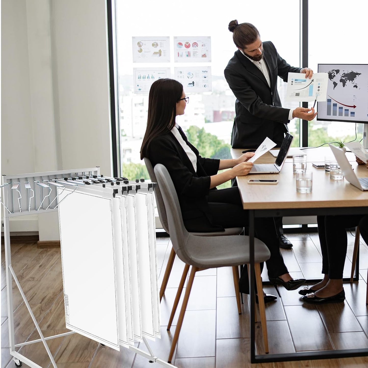 Estune Mobile Blueprint Holder Rack, Adjustable Mobile Blueprint Holder with 6 24 in Hanging Clamps 4 Wheels Poster Display Rack Storage Organizer Stand for File Display Plan Office Home(Silver)