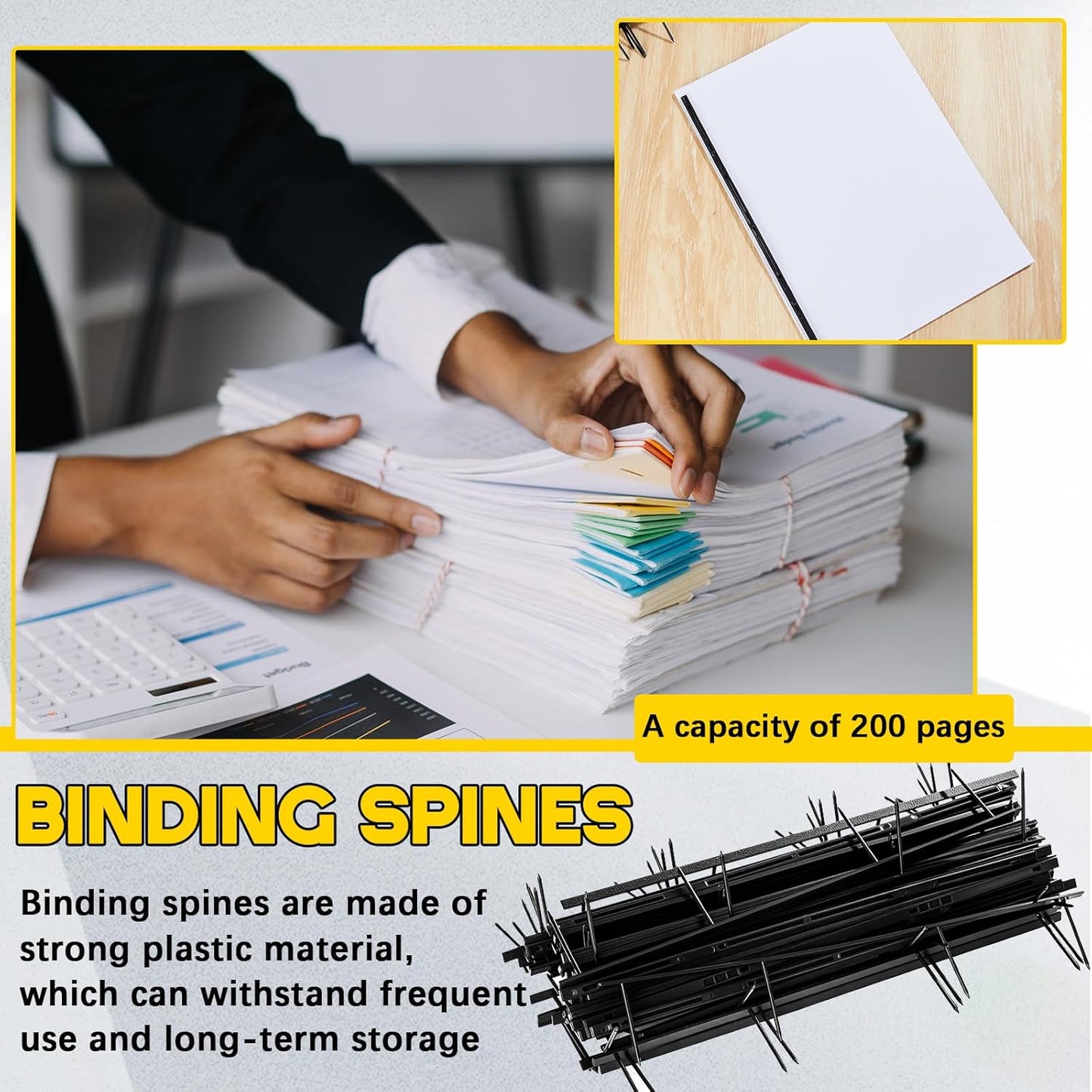 Marspark 50 Packs Binding Spines Reclosable 11'' Long 1.7" Depth 4 Pin Spines Binder Combs 150 Sheet Capacity Binding Strips, Black