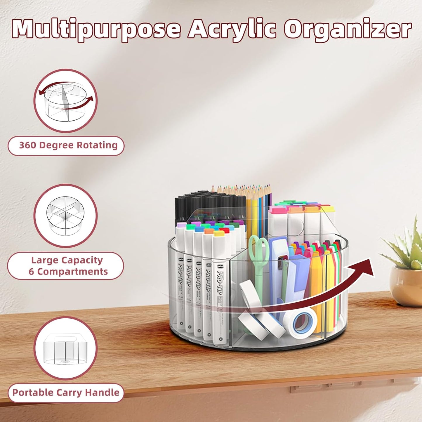 Absonic Acrylic Pen Holder Pencil Organizer, 360-Degree Rotating Pencil Holder, Crayon Organizers for Kids Marker Organizer Caddy Art Supply Kids Desk Organizers for Office Home School