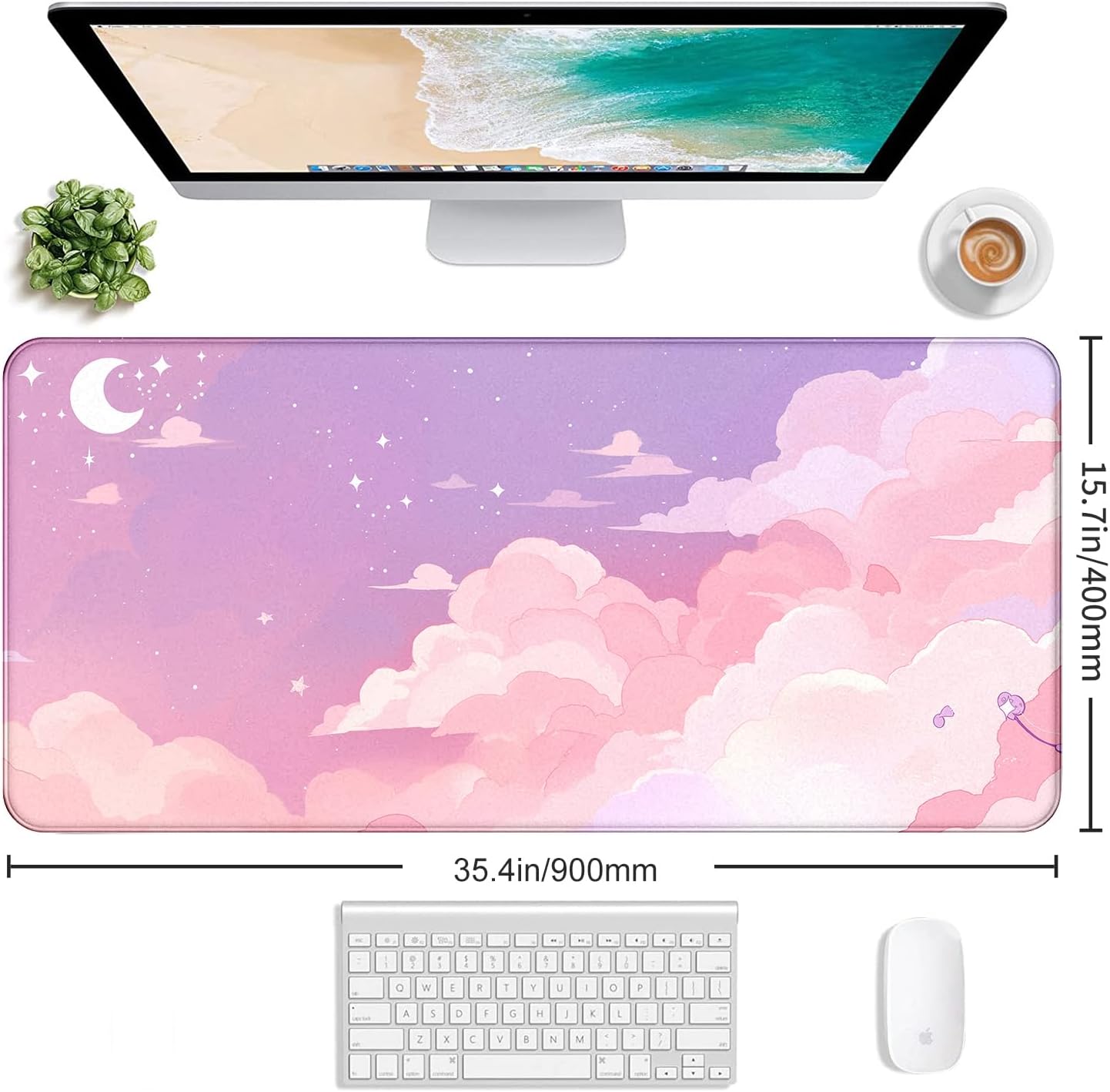 Cute Anime Cloud Desk Mat, Beautiful Pink Stitching Edge Non Slip Rubber Mouse Pad, Suitable for Female and Girl Office Decoration 35.4 x 15.7 x 0.12 Inches