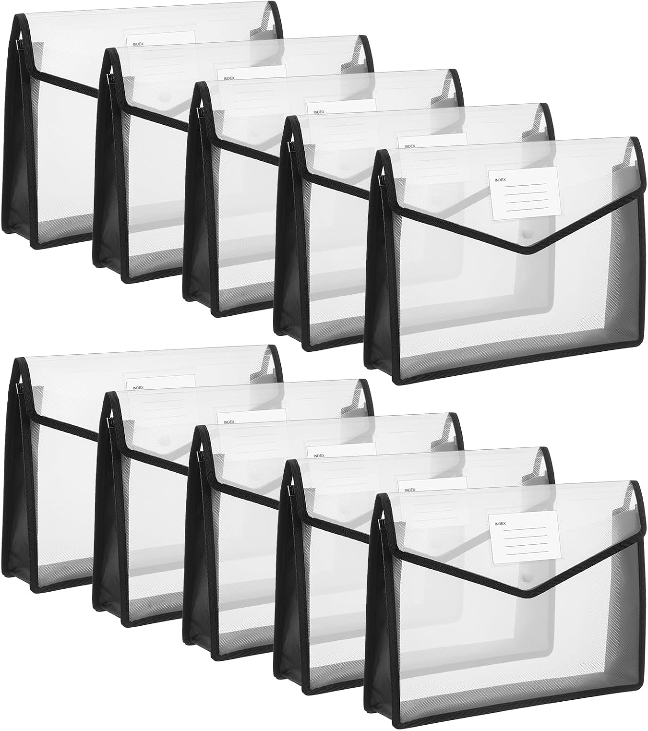 10 Pack Plastic File Folders Portable Expanding File Folder Organizer Documents Envelopes with Snap Closure, A4 Size Waterproof Transparent Pouch with Label for Business Office School
