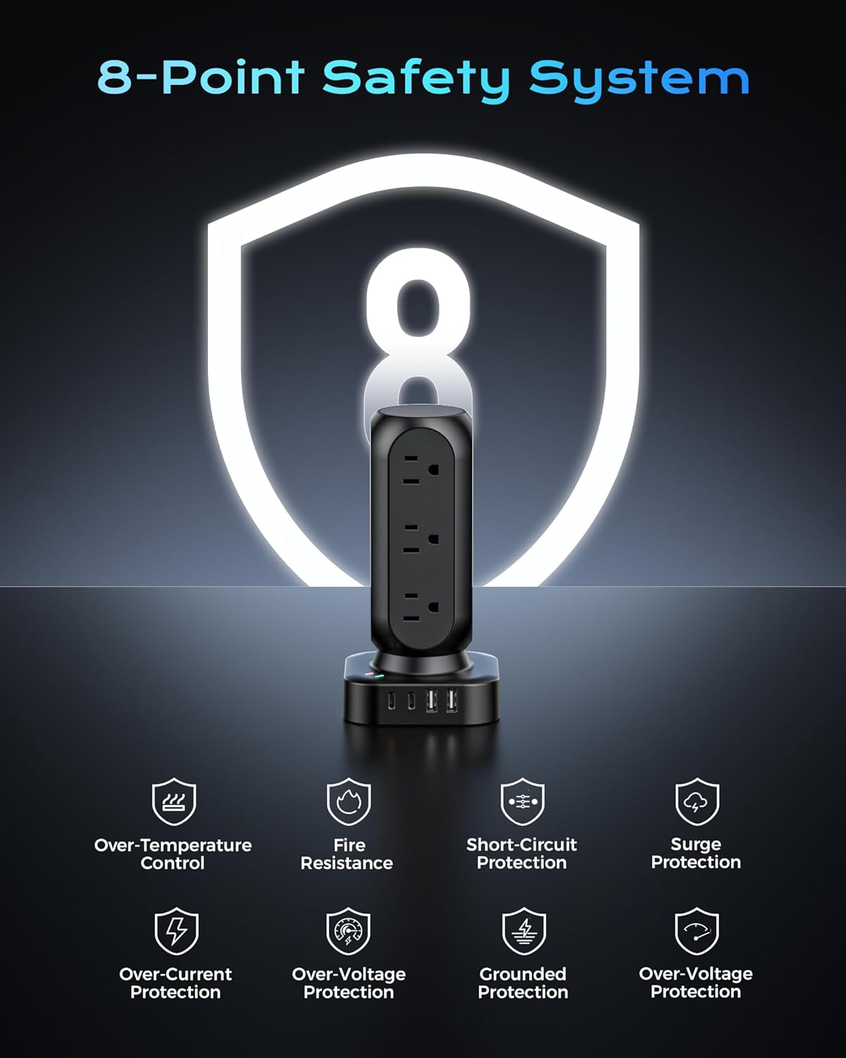 Tower Surge Protector Power Strip, Flat Plug 10FT Extension Cord with Multiple Outlets, 12 AC Outlets & 8 USB Ports, 24W Outlet Extender Overload Protection for Home Office Room