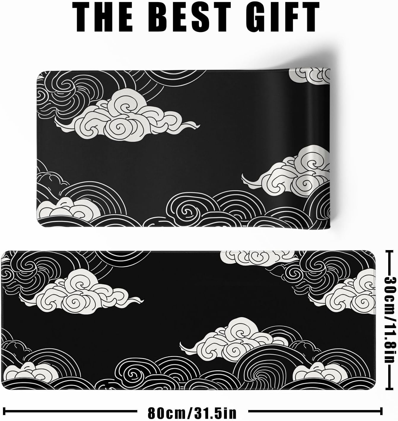 Black and White Mouse Pad Japanese Clouds Mouse Pad XL Anime Big Mouse Pads for Desk Large Gaming Large Mouse Pad for Men Desk Pad with Stitched Edges Non-Slip Large Computer Mat, 31.5x11.8 in