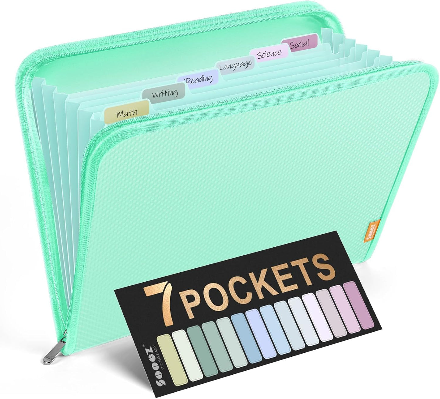 Sooez 7 Pockets Accordion File Organizer, Zipper Expanding File Folder, Heavy Duty Folder Organizer, Sleek Letter Size Accordion Folder, Portable Expandable File Folder for Documents, Green
