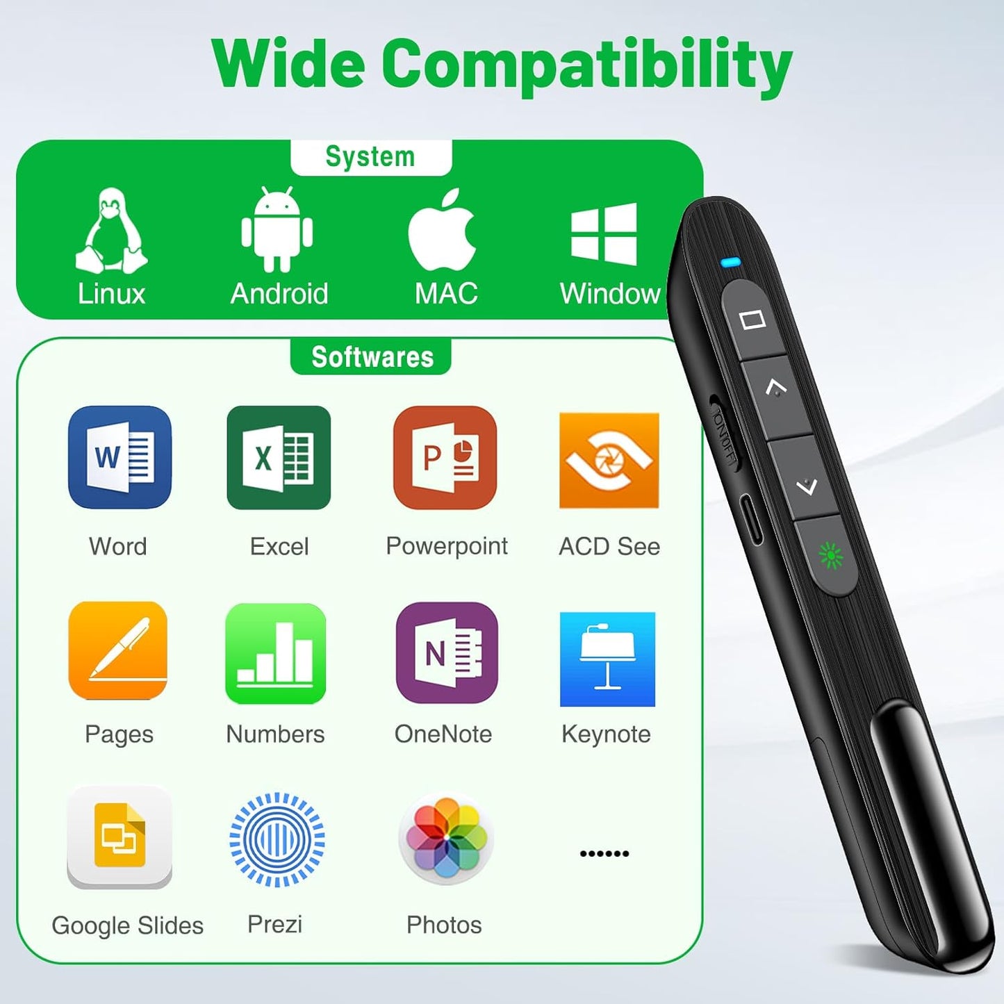 Presentation Clicker for Powerpoint with Green Light Pointer, 2-in-1 USB Type C Rechargeable Wireless Clicker with Hyperlink Volume Control, Pointer for Presentations Support Mac Windows