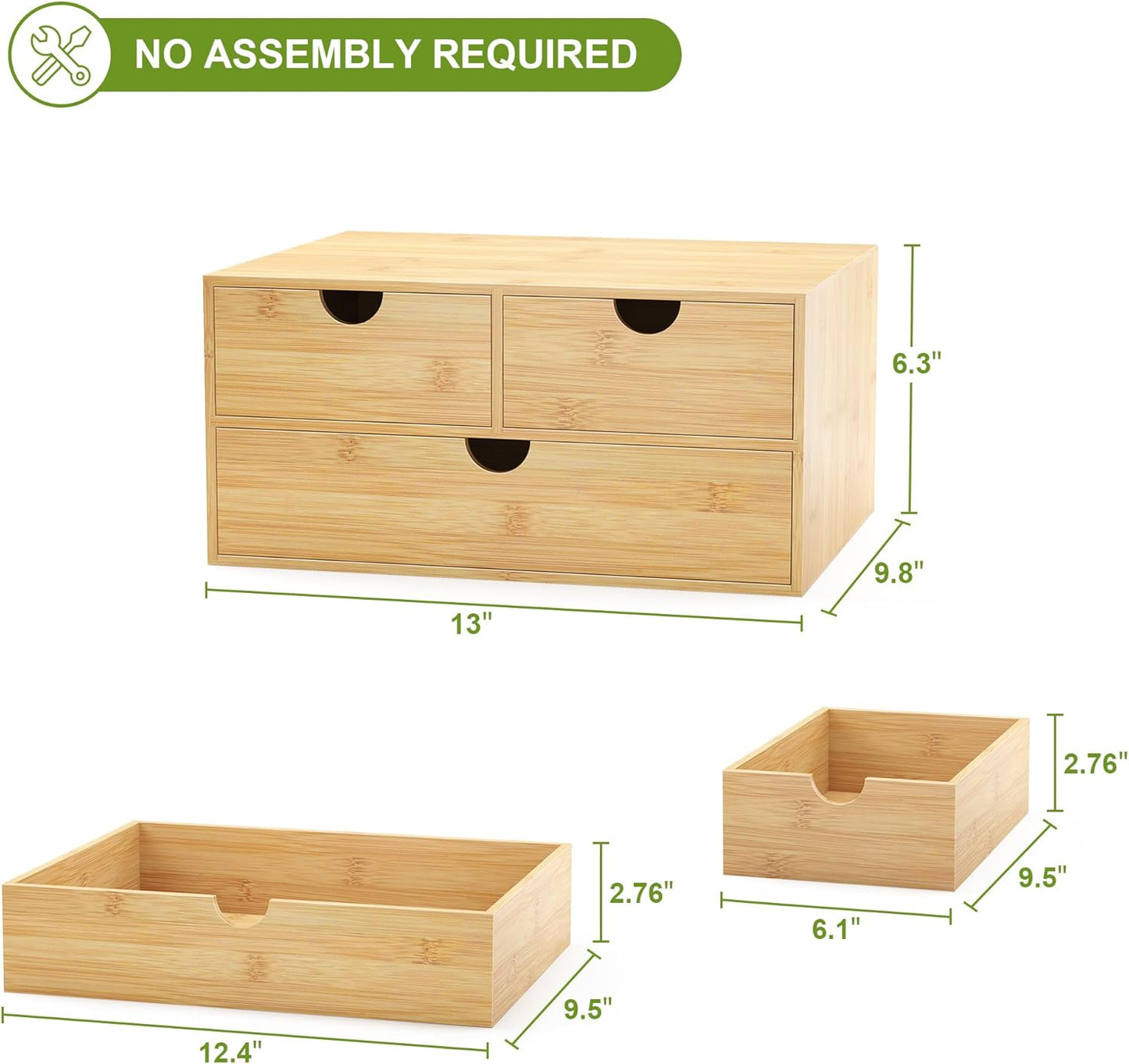 Bamboo Desk Drawer Organizer, Large Desktop Organizer with Drawers Tabletop Storage Organization Box for Office Home Toiletries Supplies Vanity, No Assembly Required (L-3 Drawers)