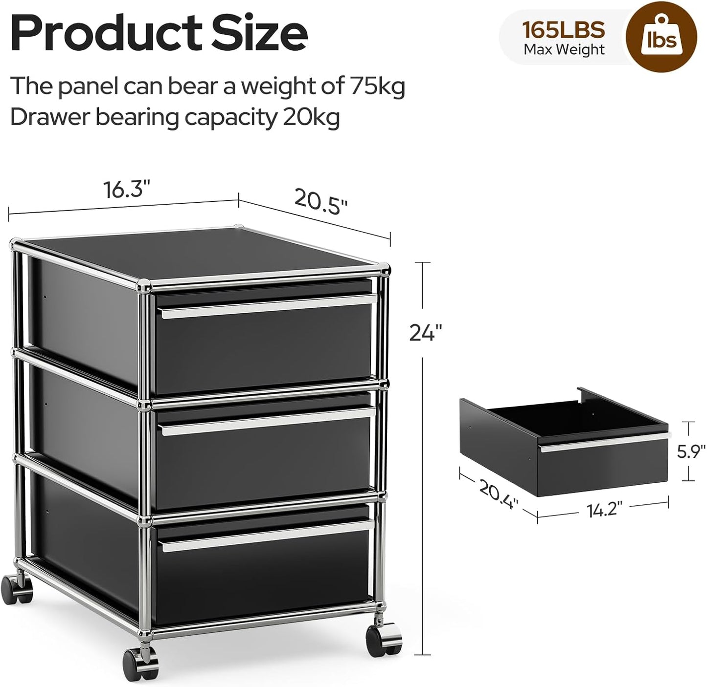 Steel Mobile File Cabinet for Office & Home with 360° Silent Wheels, Smooth Drawer Slides, Large Capacity, Waterproof and Rust-Proof, Stylish & Durable Storage Cabinet (3 Drawer, Black)