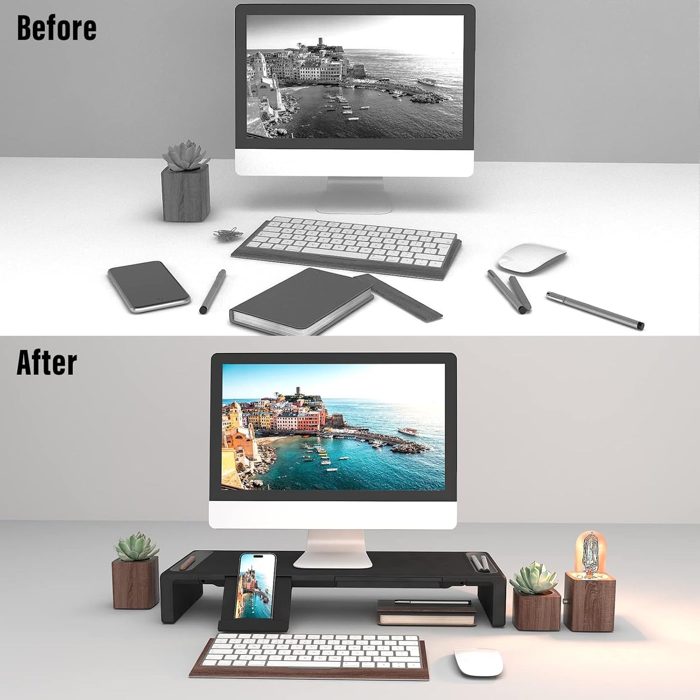 OImaster Monitor Stand Riser, Foldable Computer Monitor Riser, Adjustable Length Computer Stand and Storage Drawer & Pen Slot, Phone Stand Compatible Computer, Desktop, Laptop, Save Space (Black)