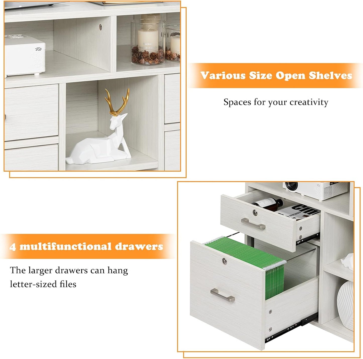 VINGLI Wood Mobile File Cabinet with 4 Drawers and Shelves, Printer Stand with Open Storage, Lockable Lateral Filing Cabinet for Home Office, Assembly Required, Light Beige Close to White