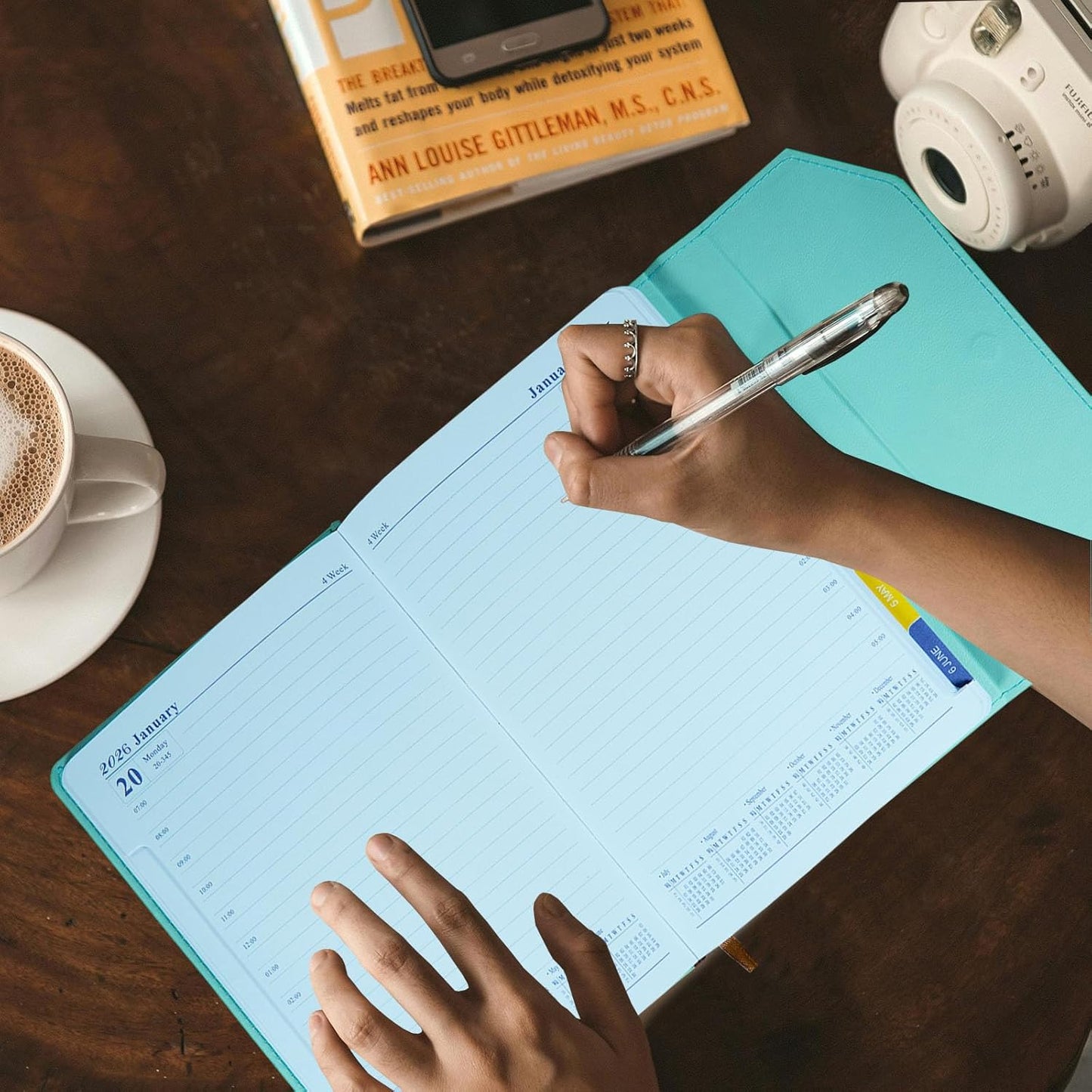 2026 Daily Monthly Planner - Calendar, January - December 2026, 100GSM Thick Paper, Leather Cover, Planner with Hourly Schedule,6.1" x 8.2", Daily Inside Page - Monthly Inside Page, Pen Holder, Bookmarks (lake green)