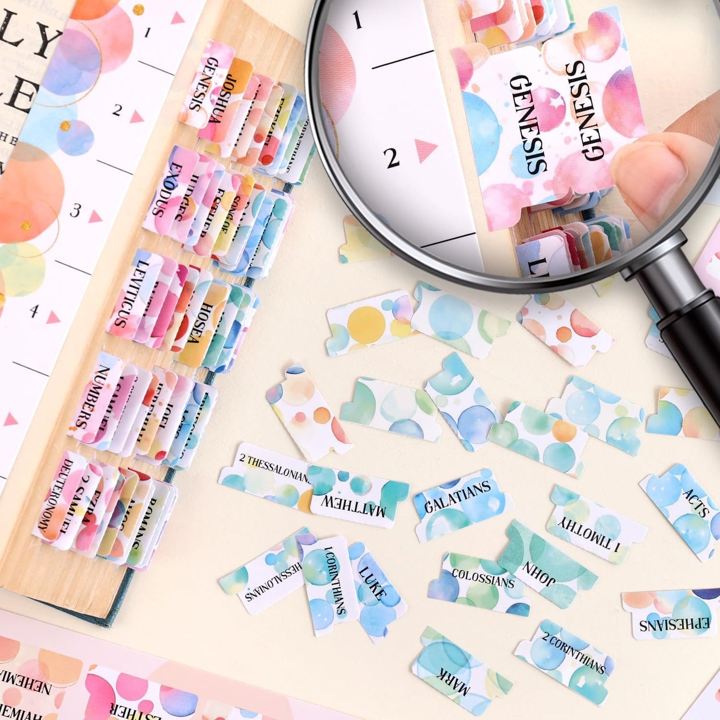 Bible Tabs for Women, 66 Large Print Laminated Bibles Chapters Index Tabs and 39 Blank Dividers Sticky Labels, Cute Beauty Bubble Bible Study Supplies, Journaling Accessories, Christian Gifts for Men