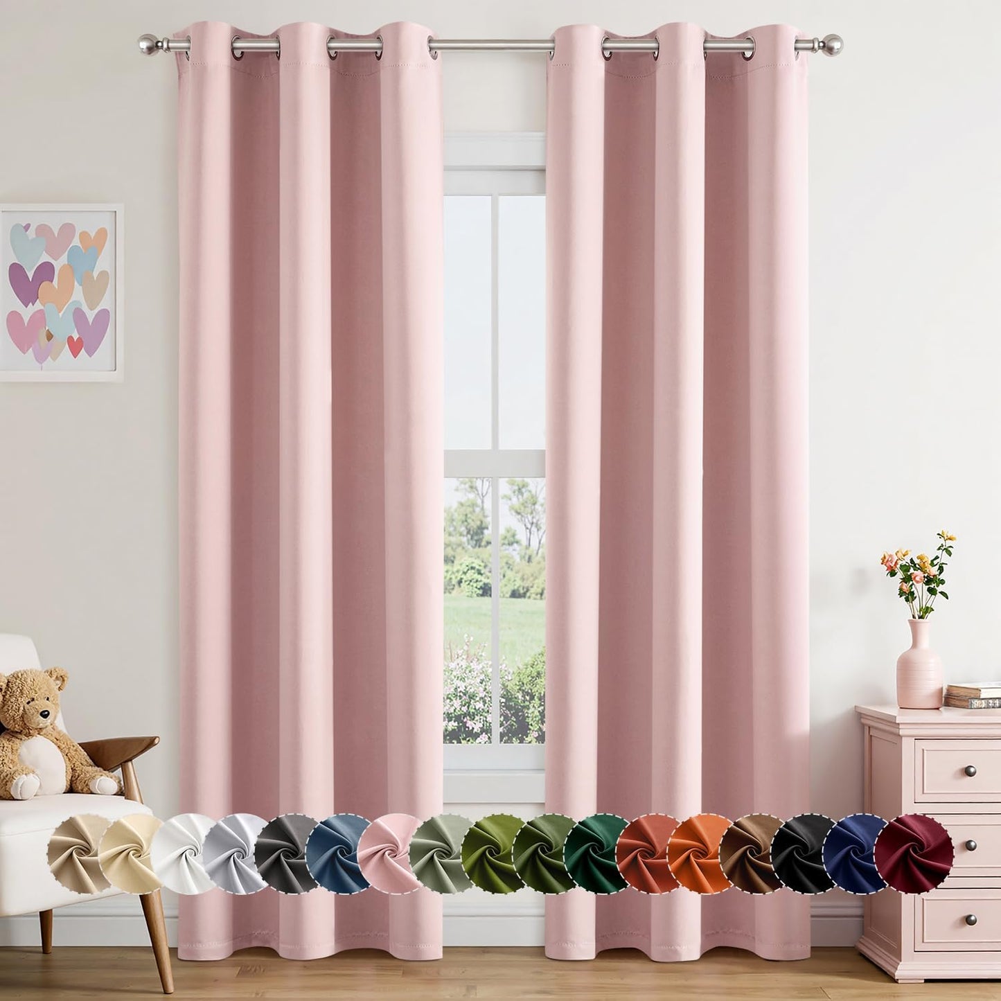 MIULEE Baby Pink Blackout Curtains for Girls Bedroom Living Room 72 Inches Long 2 Panels, Nursery Thermal Insulated Room Darkening Drapes Solid Grommet Top Noise Reducing Curtains, Blush Pink