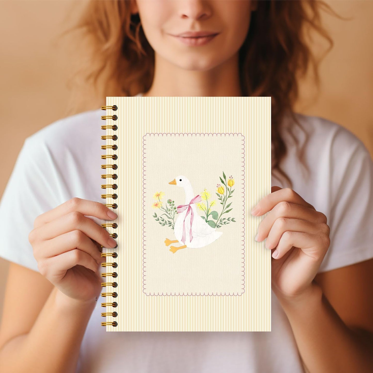 Guymn Light Beige Floral Goose Notebook, Preppy Pink Bow Goose Journal for Kids Girls, Geese Animal Lover Gifts Hardcover Spiral Notebooks Journals 5.5x8.3 Inch