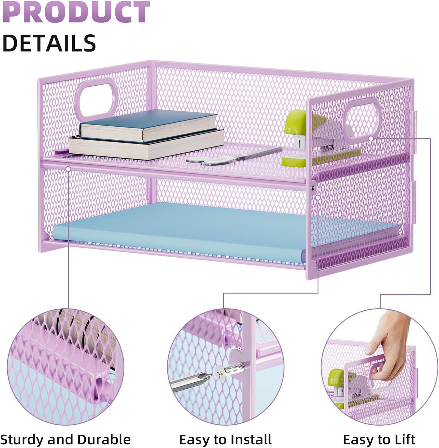 Marbrasse 2 Tier Paper Organizer Letter Tray, Mesh File Organizer with Handle, Paper Sorter Desk Organizer for Home Office Supplies - Purple