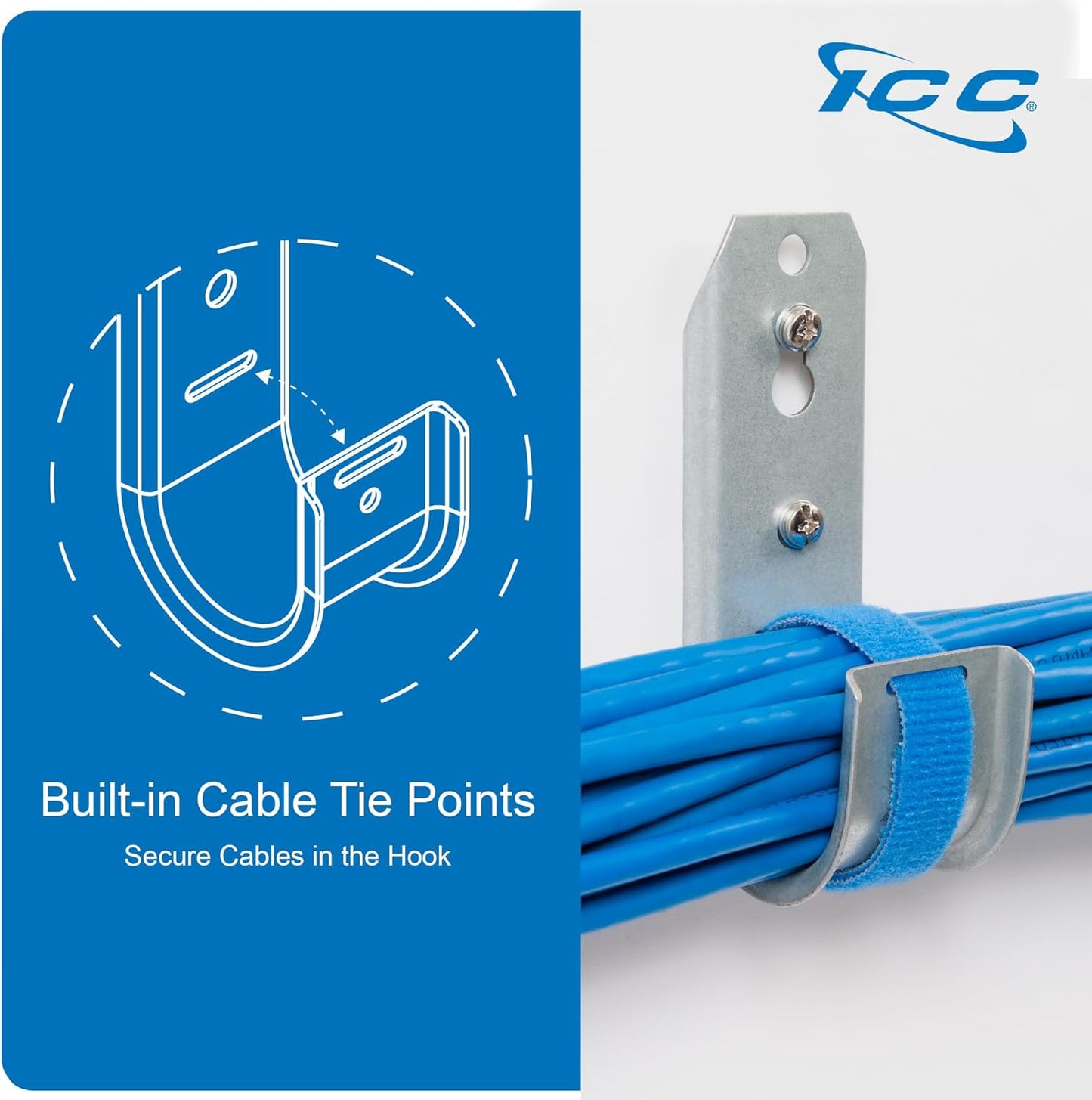 ICC 1-5/16"-Inch Wall Mount J-Hook – 25-Pack, Cable Support Hooks Without Retainer Clips, Galvanized Steel with Zinc Finish – for Structured Cabling and Cable Management