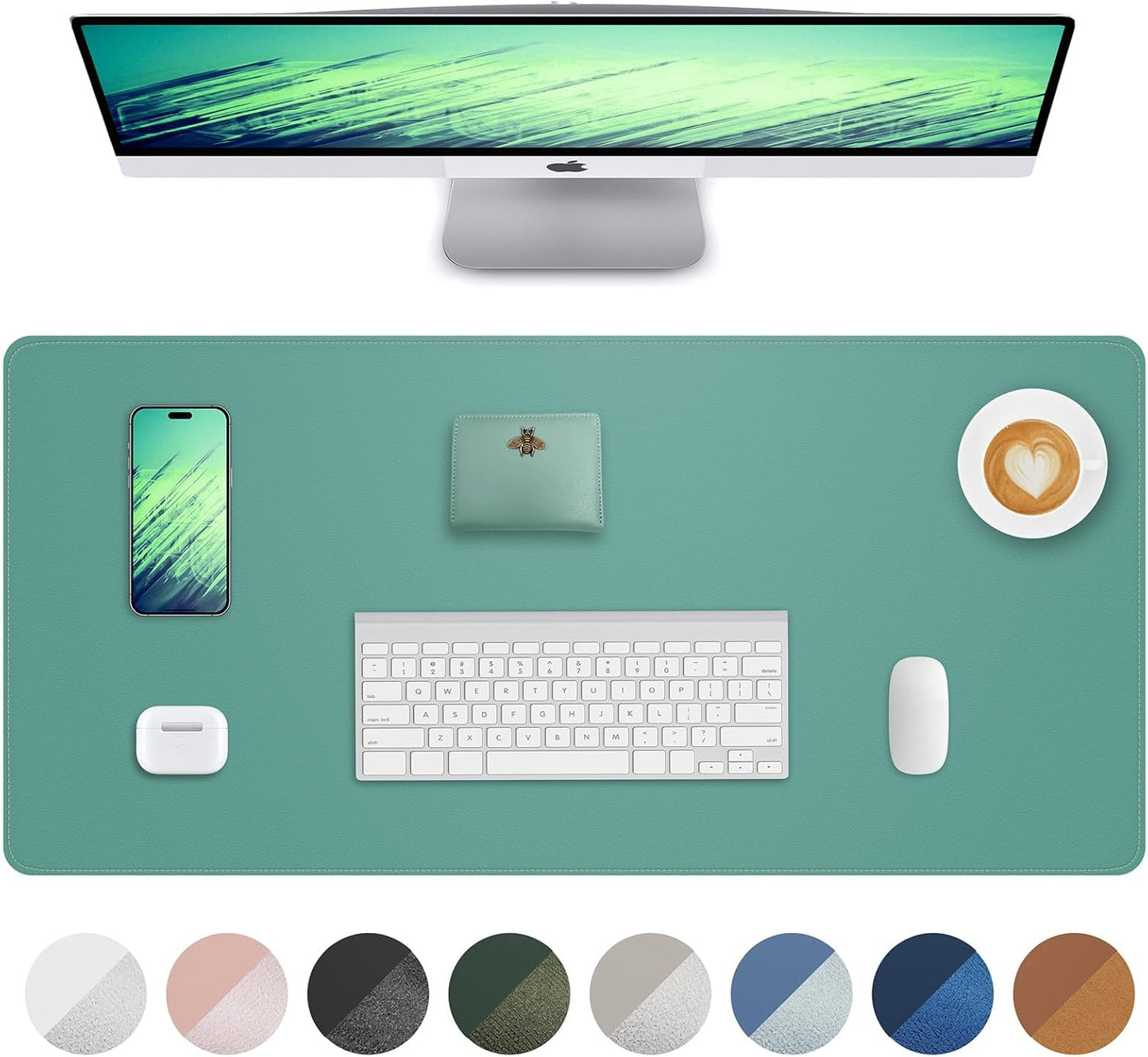 Leather Desk Pad Protector,Desk Mat,Large Mouse Pad, Non-Slip Desk Pad, Waterproof PU Leather Desk Blotter Mat, Desk Cover for Office and Home (Light Green, 36" x 17")