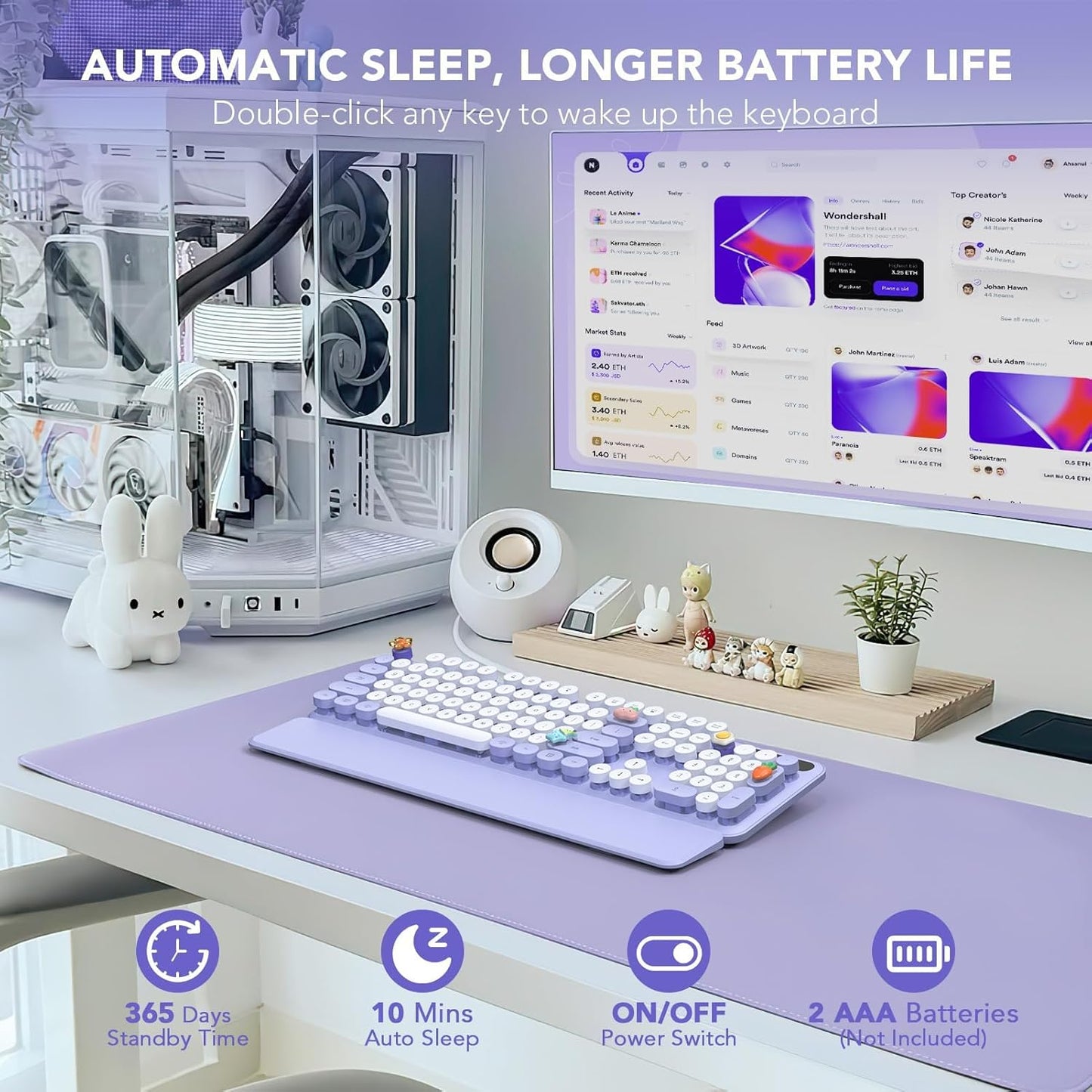 Wireless Keyboard, Round Keycaps, Retro Typewriter Keyboard with Detachable Wrist Rest, Sleep Mode, Foldable Legs, 2.4GHz Full-size Cordless Computer Keyboard for Windows/PC/Laptop (Colorful-Purple)