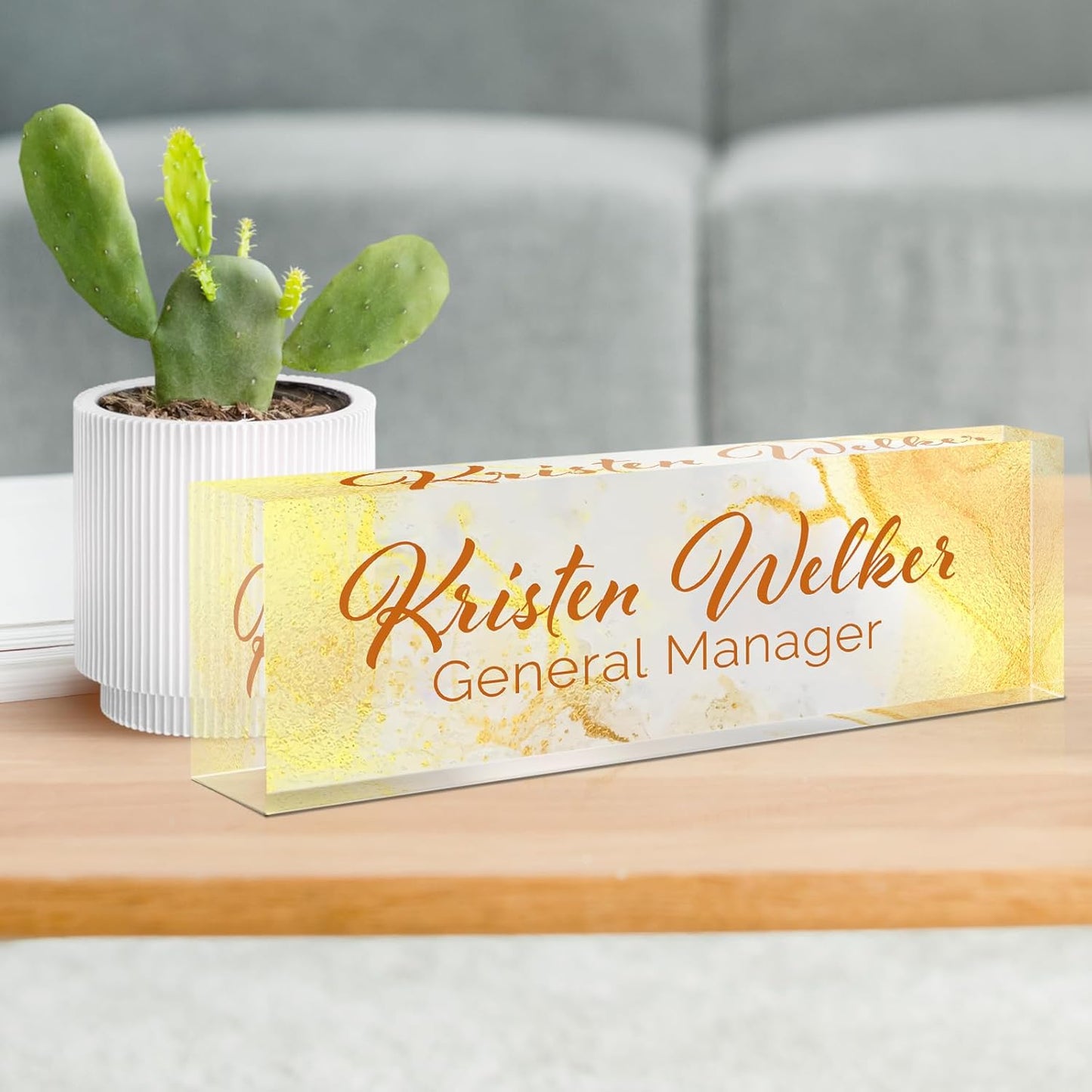 Gowellly Desk Name Plate Personalized - Custom Acrylic Name Plate for Desk - Enterprise Custom Logo/Text nameplates - Employee Appreciation Gifts (Golden Marble)