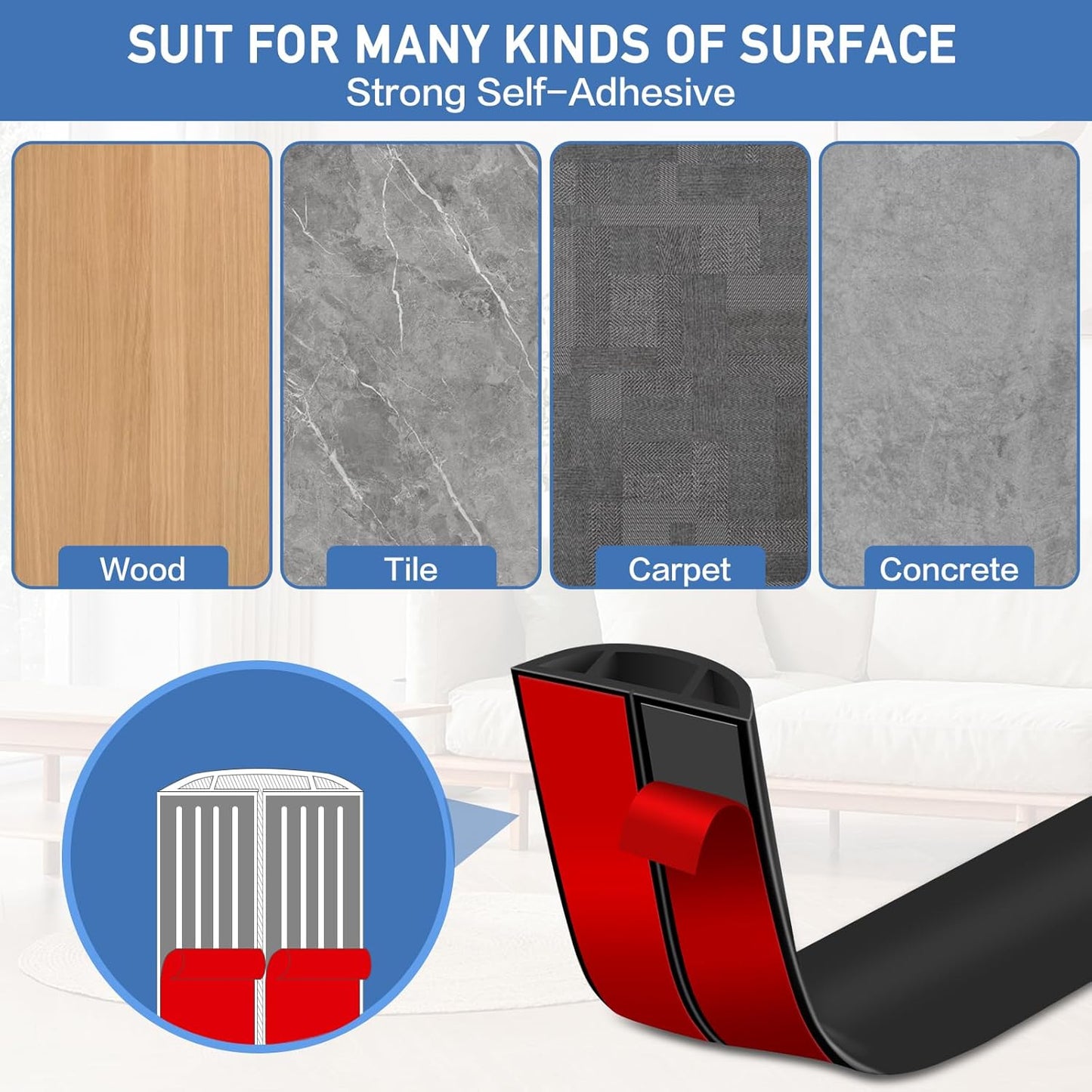 Floor Cord Cover Self Adhesive Cord Hider Floor Extension Cord Covers for Floor Power Cord Protector Cable Management Prevent Cable Trips Cable Cavity 0.47" W x 0.27" H (Black, 3.3Ft)