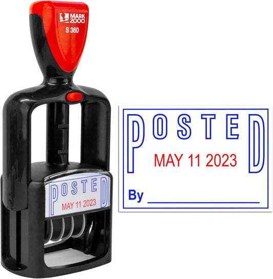 Self-Inking Rubber Date Office Stamp with Posted Phrase - Blue Ink & Date Red Ink - 12-Year Band