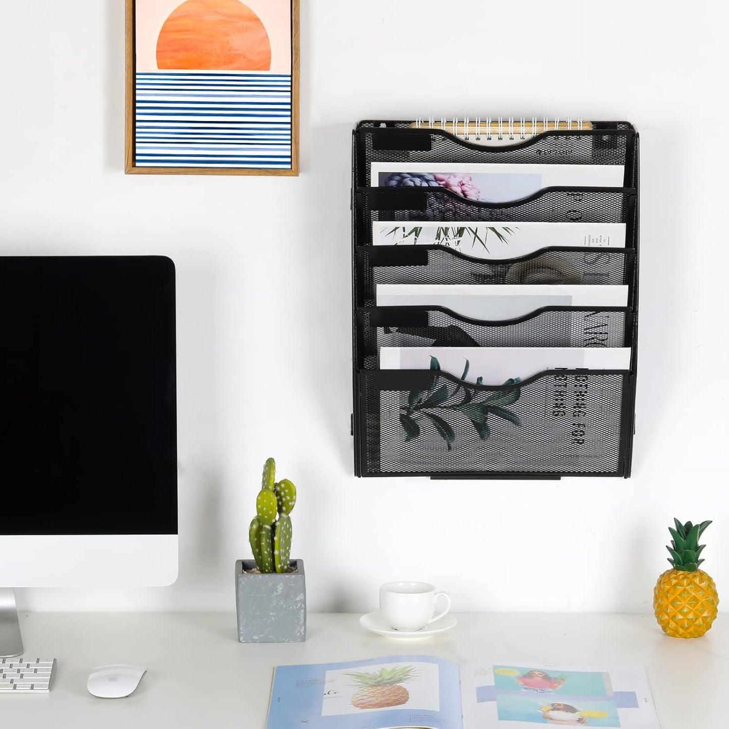 EasyPAG Wall File Holder Organizer 5 Pocket Mesh Hanging Wall Mounted Document Paper Folder Filing Magazine Rack with Nametag Label for Office Home School, Black